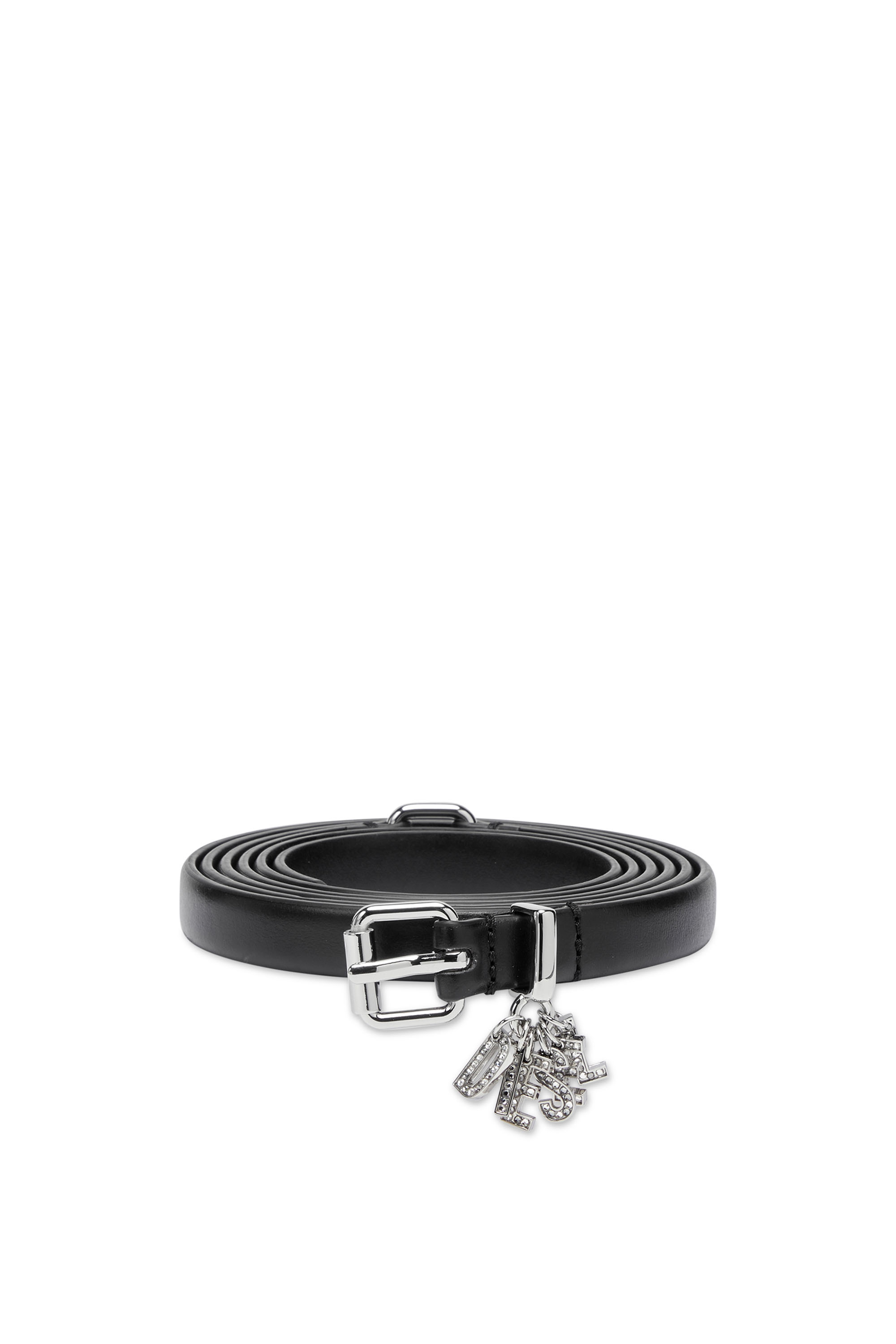 Diesel - B-CHARM-LOOP DOUBLE, Female's Leather belt with crystal logo charms in Black - 2