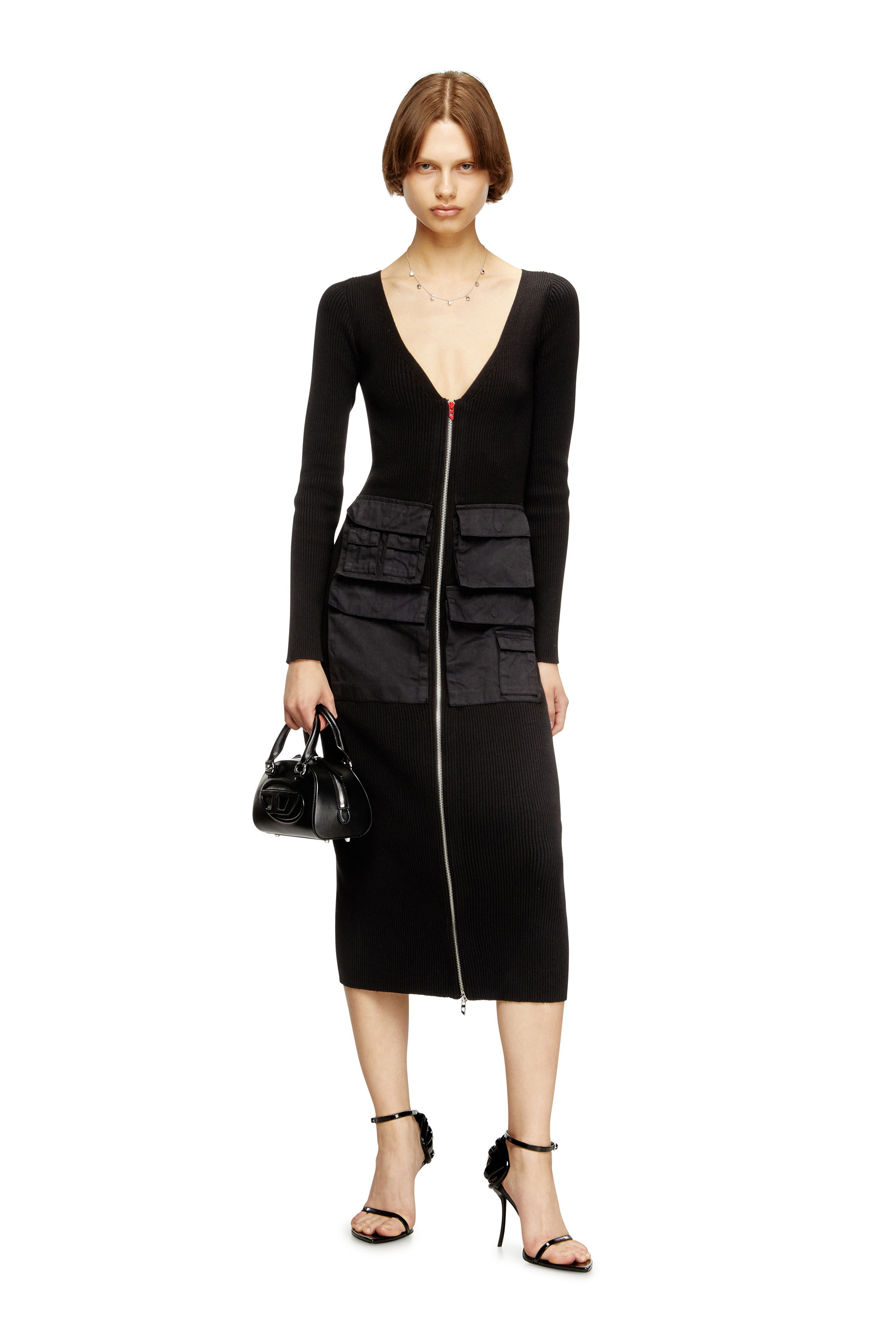 Diesel - M-MELTI-LS, Female's Ribbed midi dress with cargo pockets in null - 1