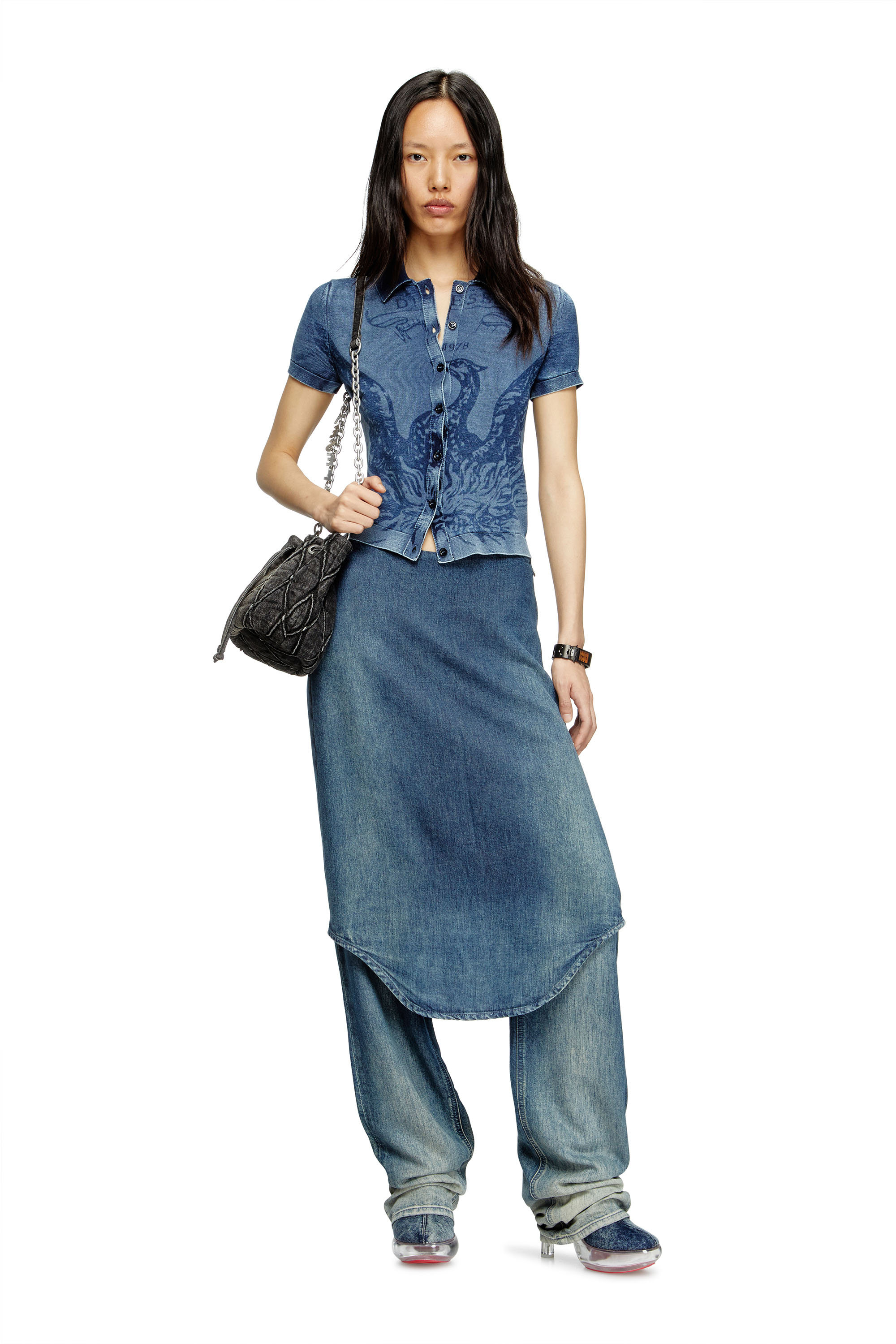 Diesel - M-FENNY, Female's Indigo shirt-cardigan with Phoenix logo in Medium Blue - 2
