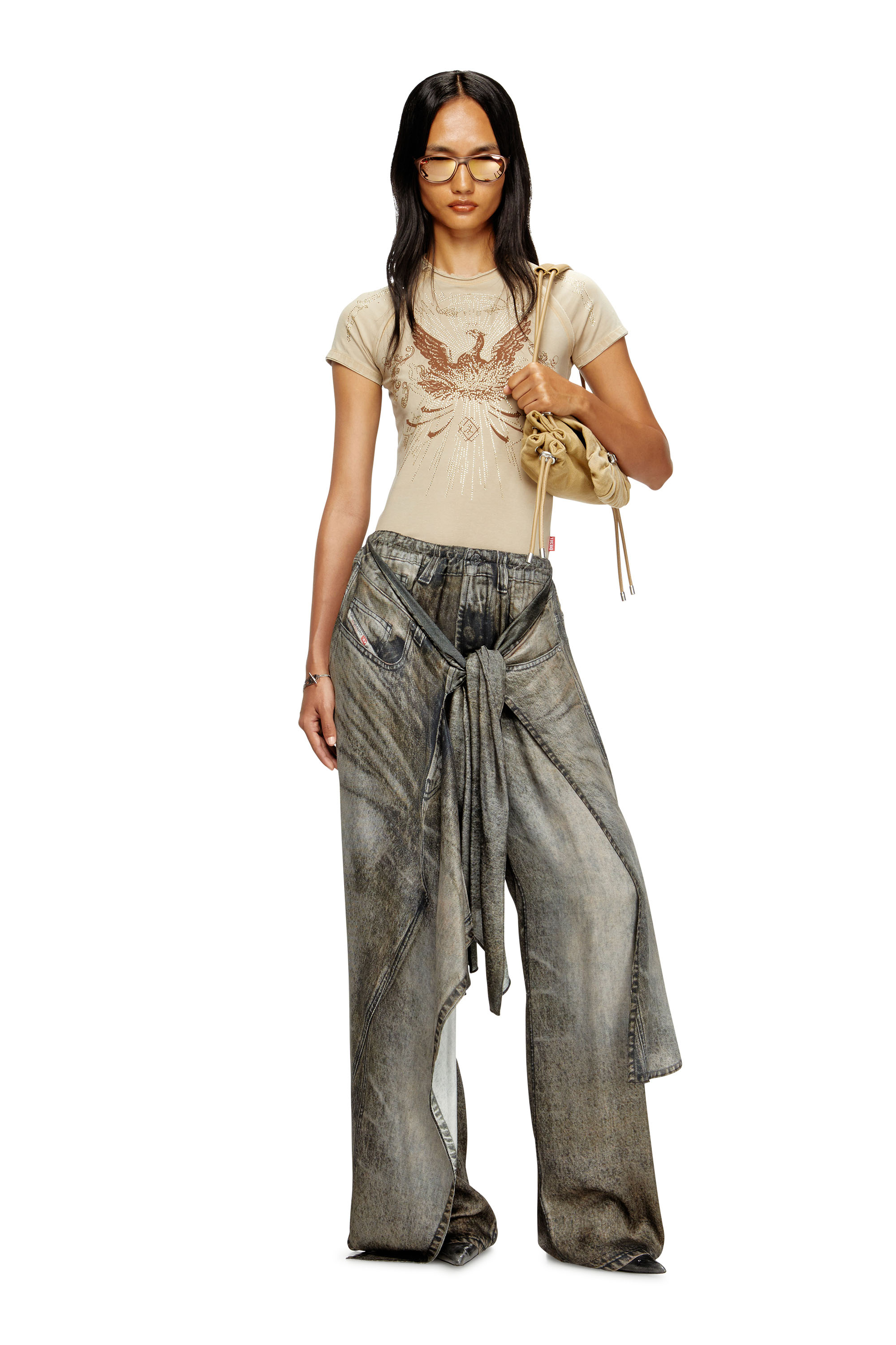 Diesel - T-ROWEENA, Female's Phoenix T-shirt with rhinestones in Light Brown - 2