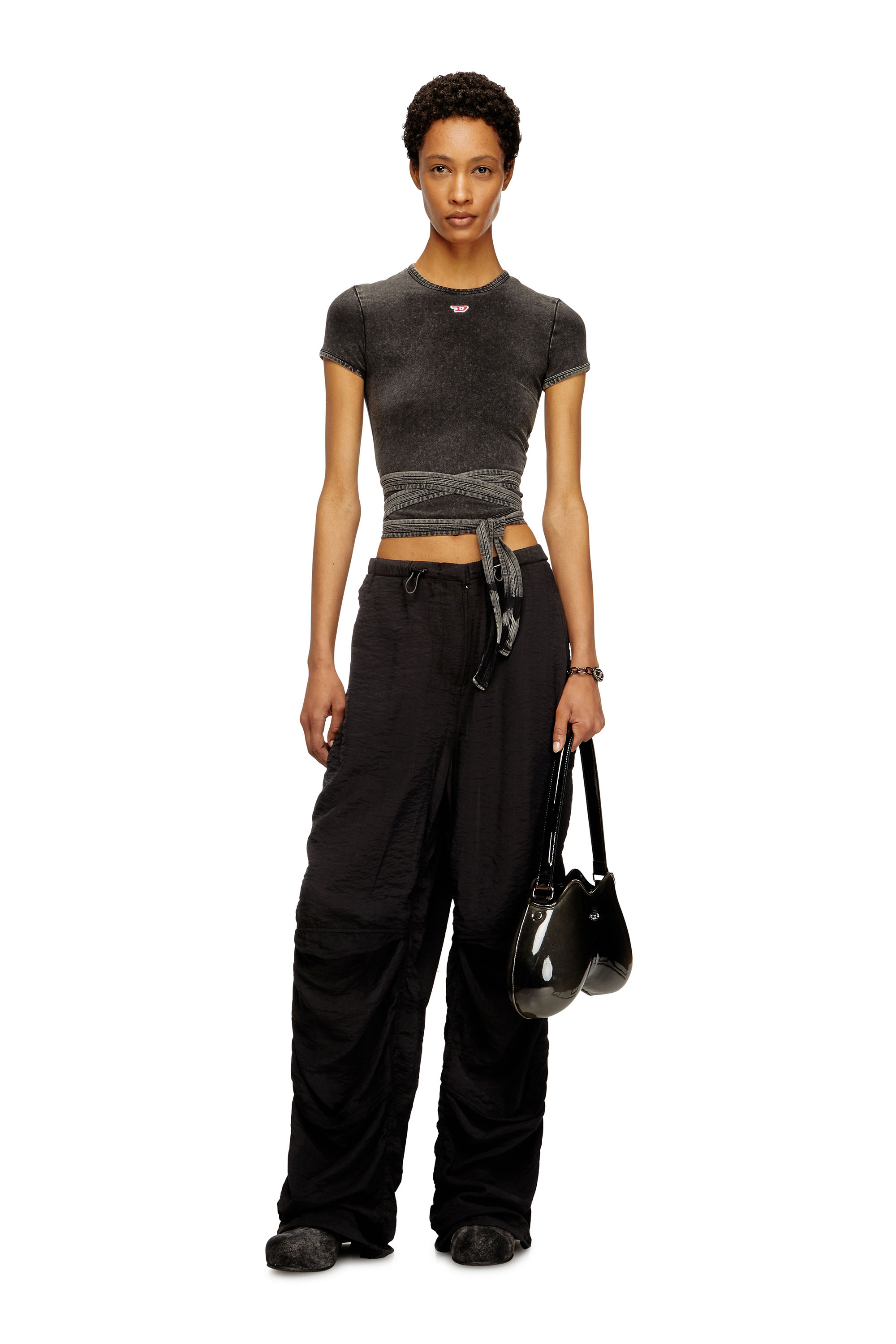 Diesel - T-BUNNY-TAIL-R1, Female's Denim-look T-shirt with wrap ties in Black - 2
