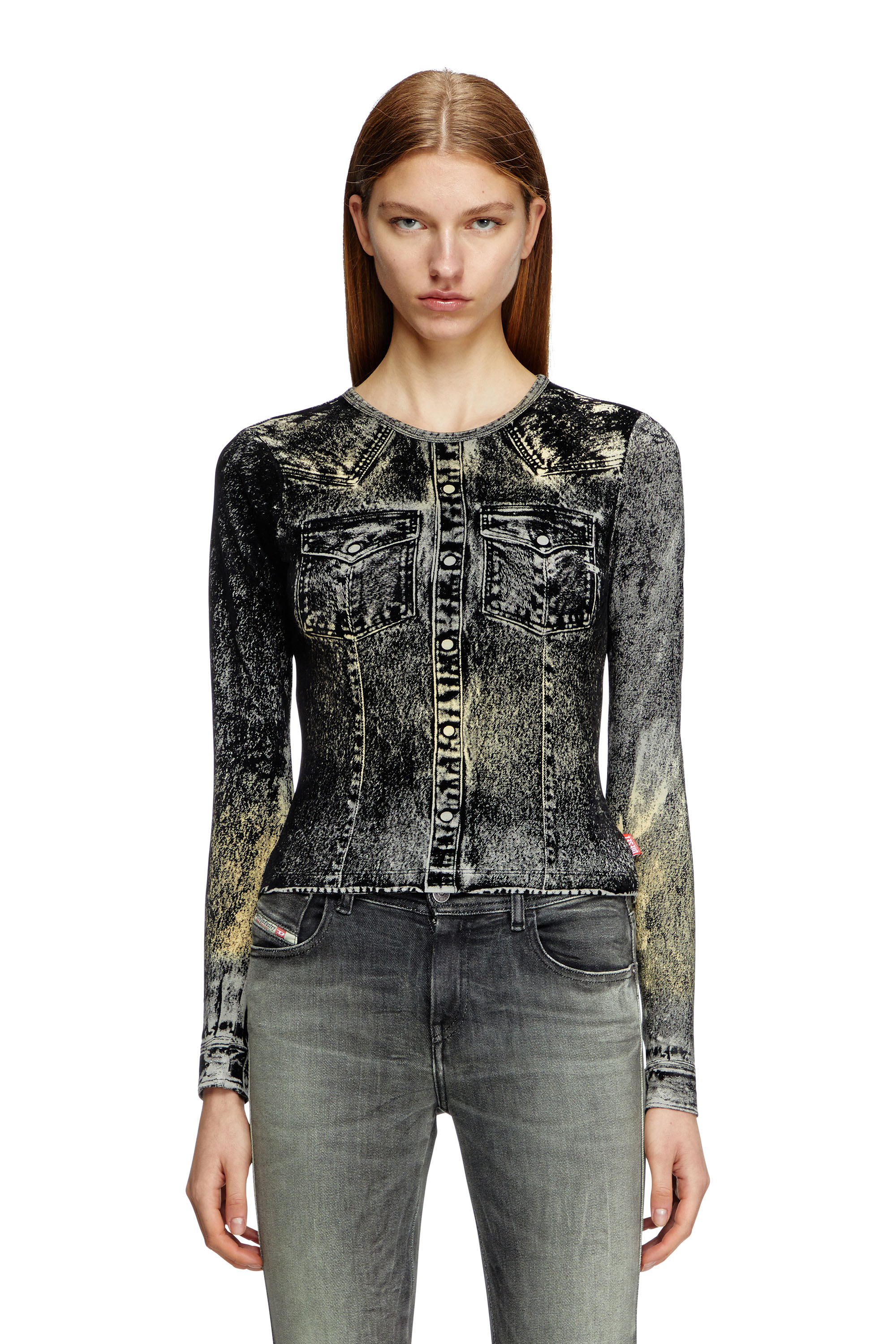 Diesel - T-AXY, Long sleeve top with jacket print Femme in Gris - 1