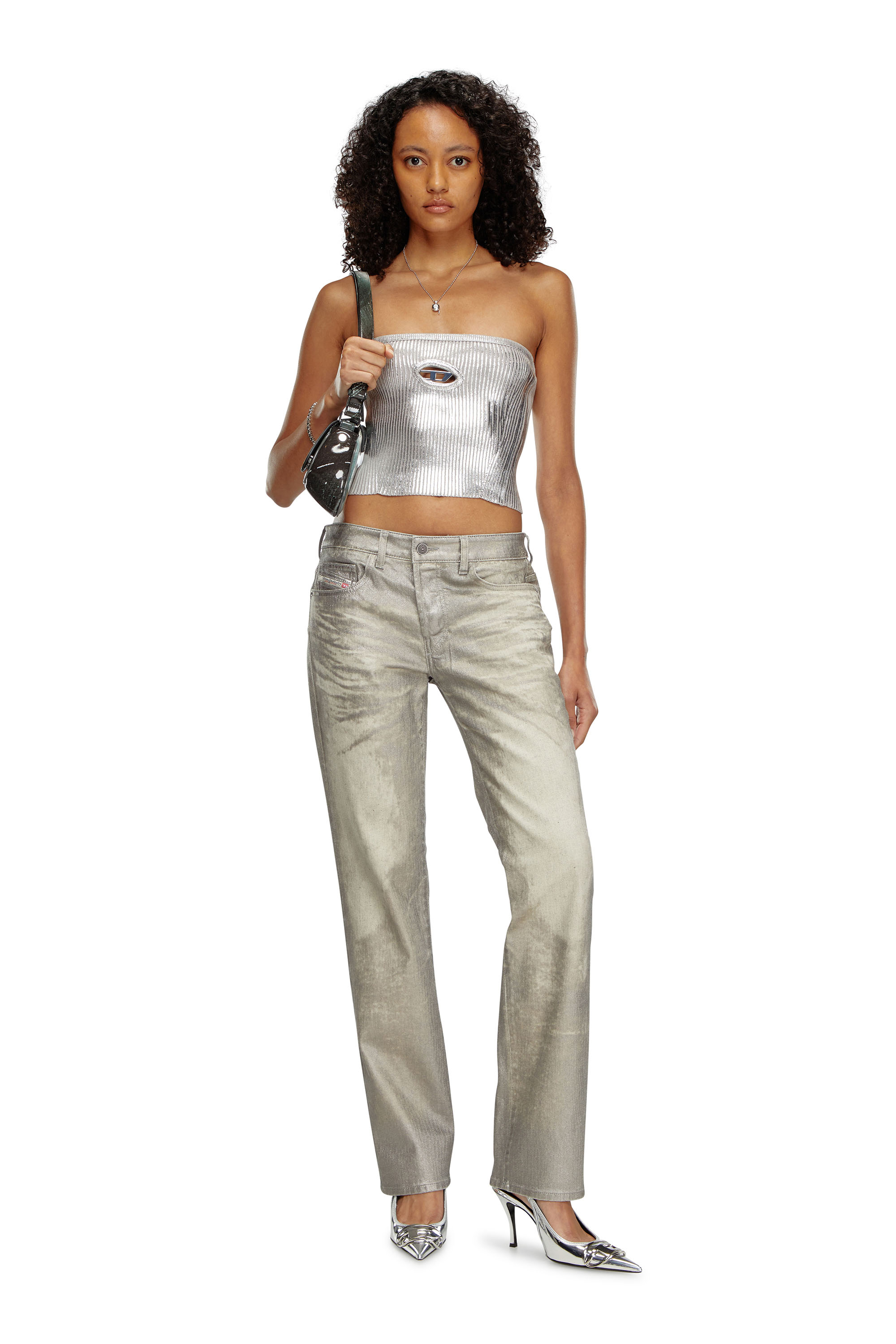 Diesel - M-CLARKSVILLEX-C, Female's Metallic tube top with logo hardware in Grey - 2