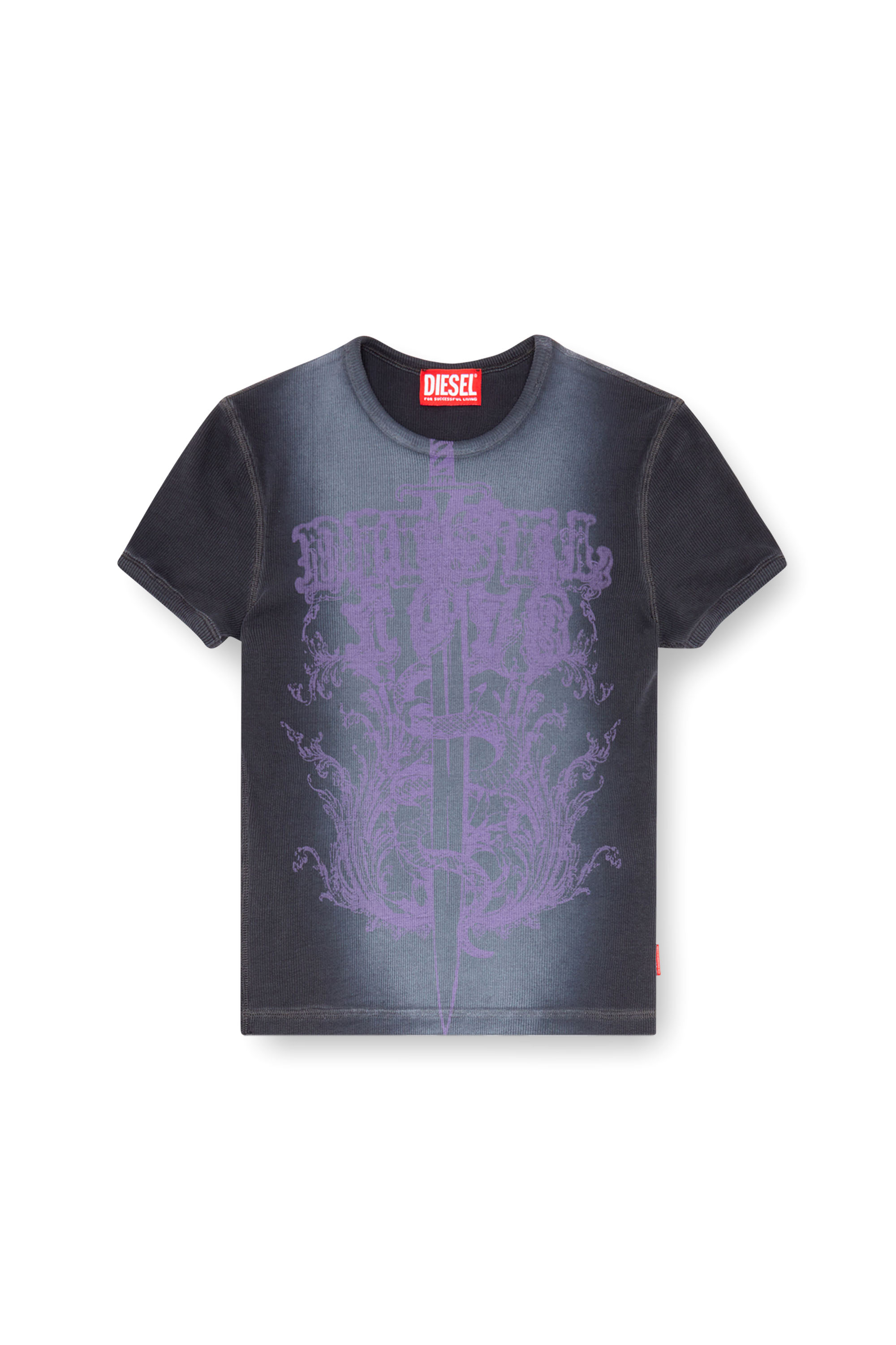 Diesel - T-ELE-LONG-P1, Female's Ribbed T-shirt with Diesel sword print in Black/Violet - 4