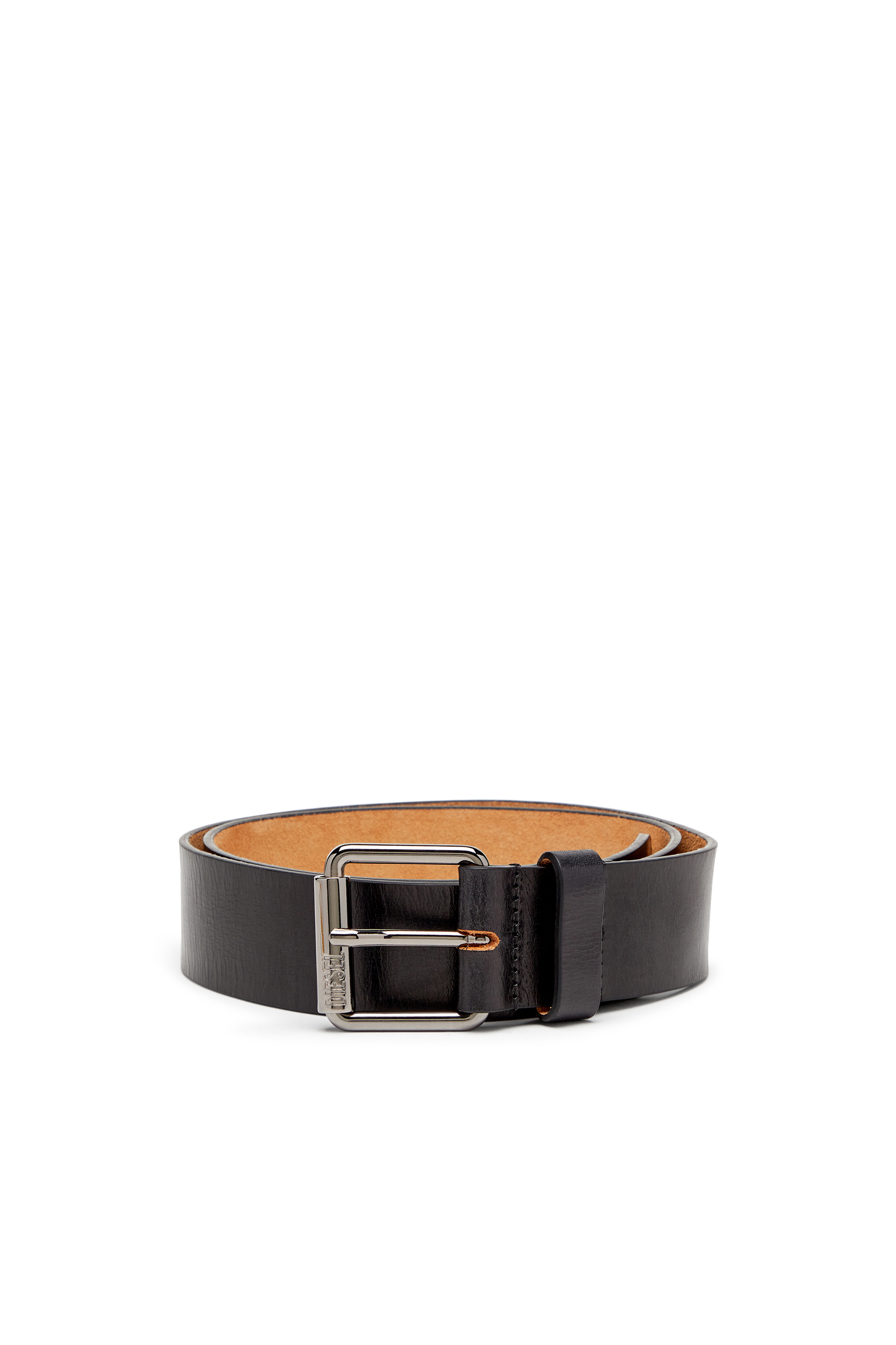 Diesel - B-FLAG, Leather belt with fifth pocket logo flag Homme in Noir - 1