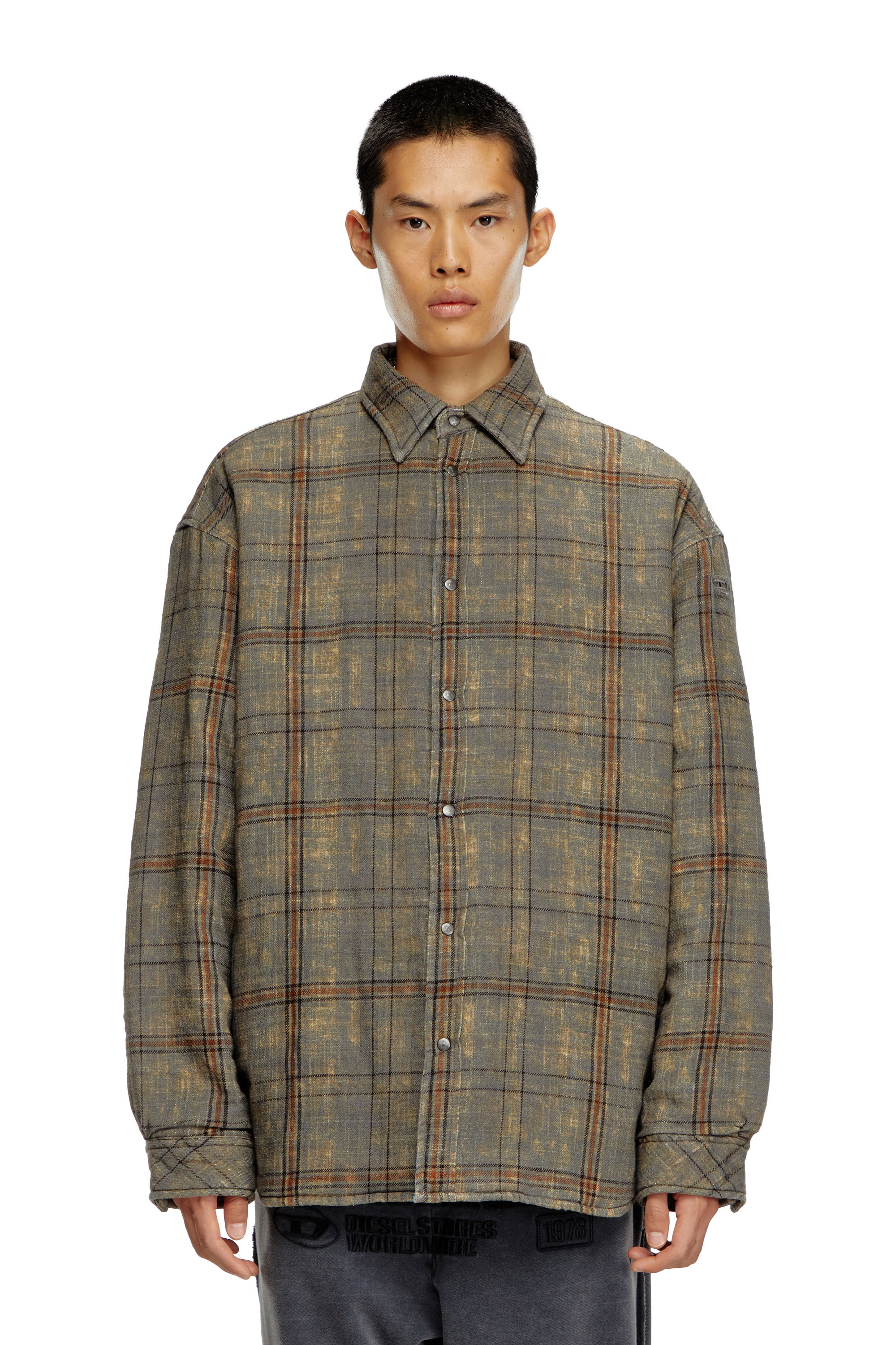 Diesel - S-HAMME, Male's Padded jacket in checked slub cotton in Green/Brown - 5