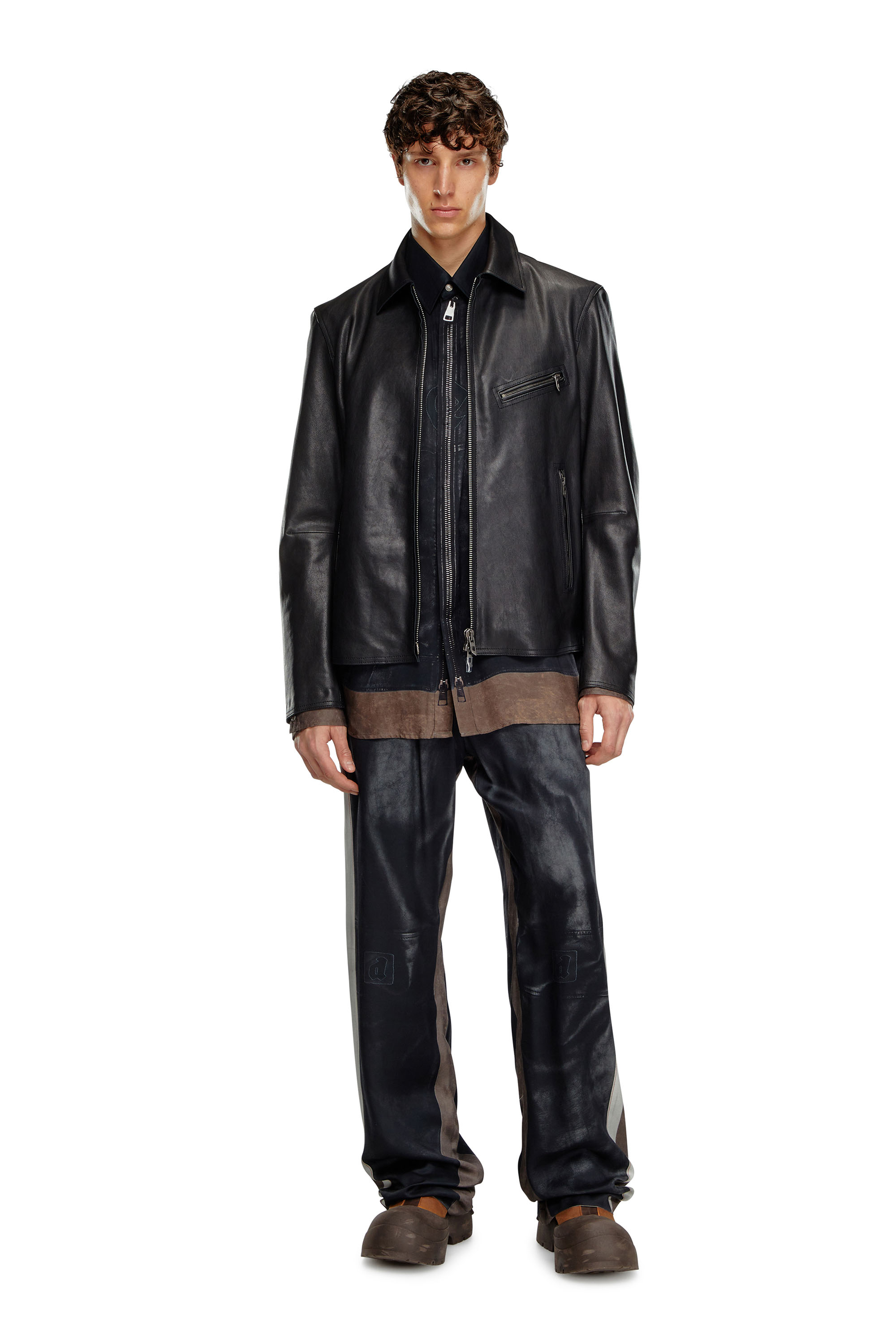 Diesel - L-KORN-A, Male's Leather jacket with embossed Oval D in Black - 2