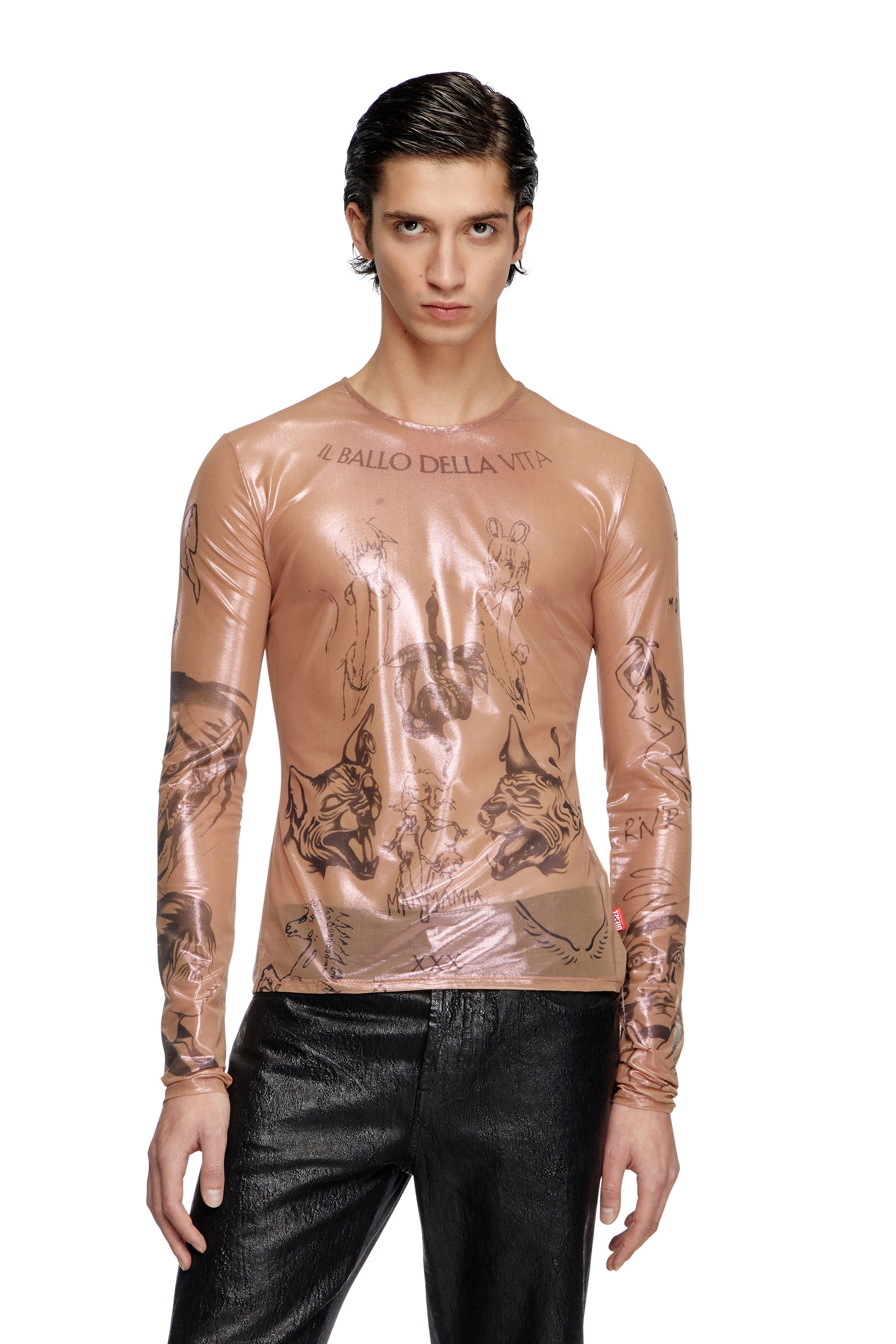 Diesel - T-CLAUDE-DD, Top tatouage en tulle stretch enduit Mixte in Rose - 2