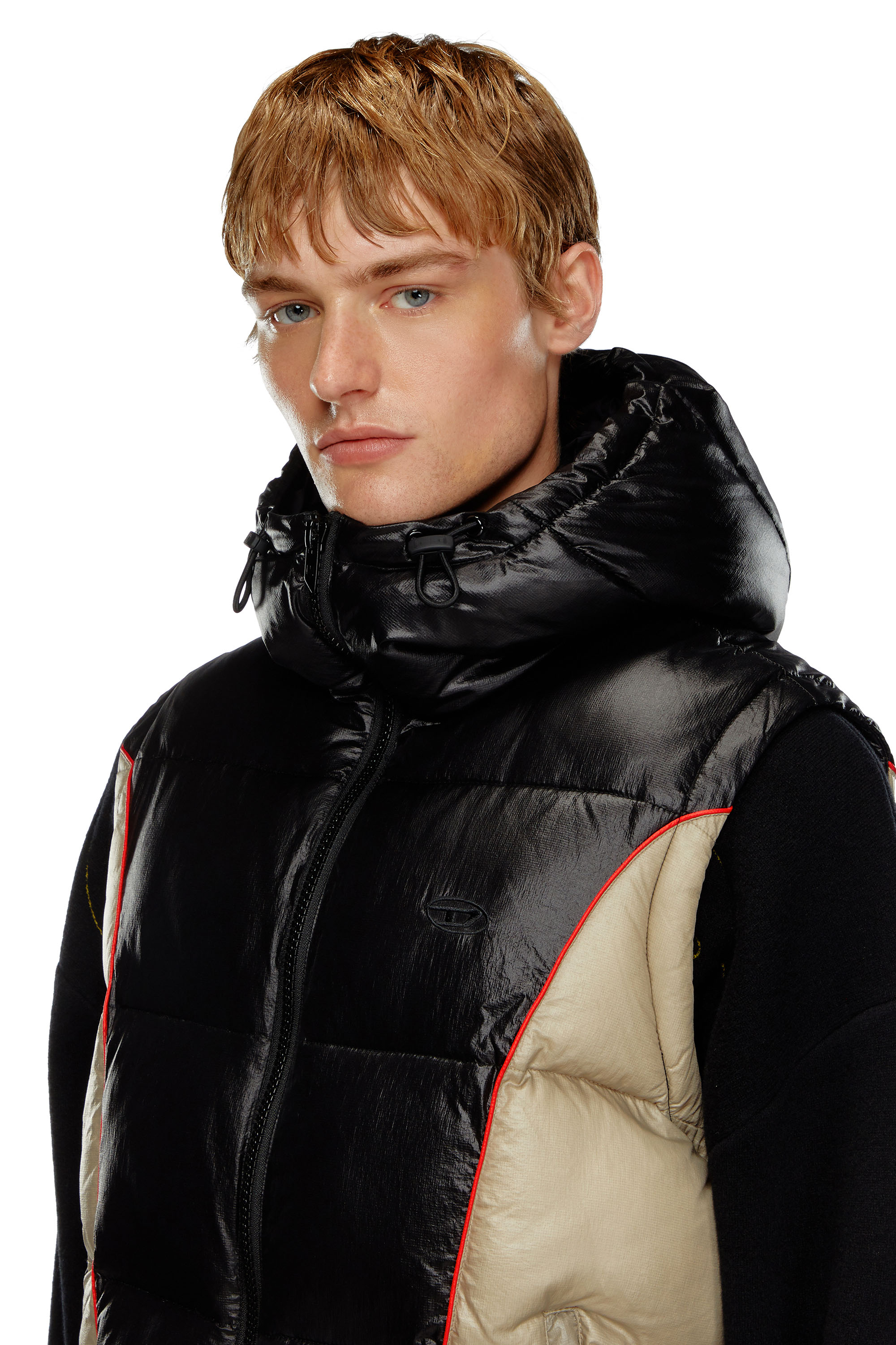 Diesel - W-OSTEND-SL, Male's Hooded puffer vest in shiny ripstop in Black/Beige - 4