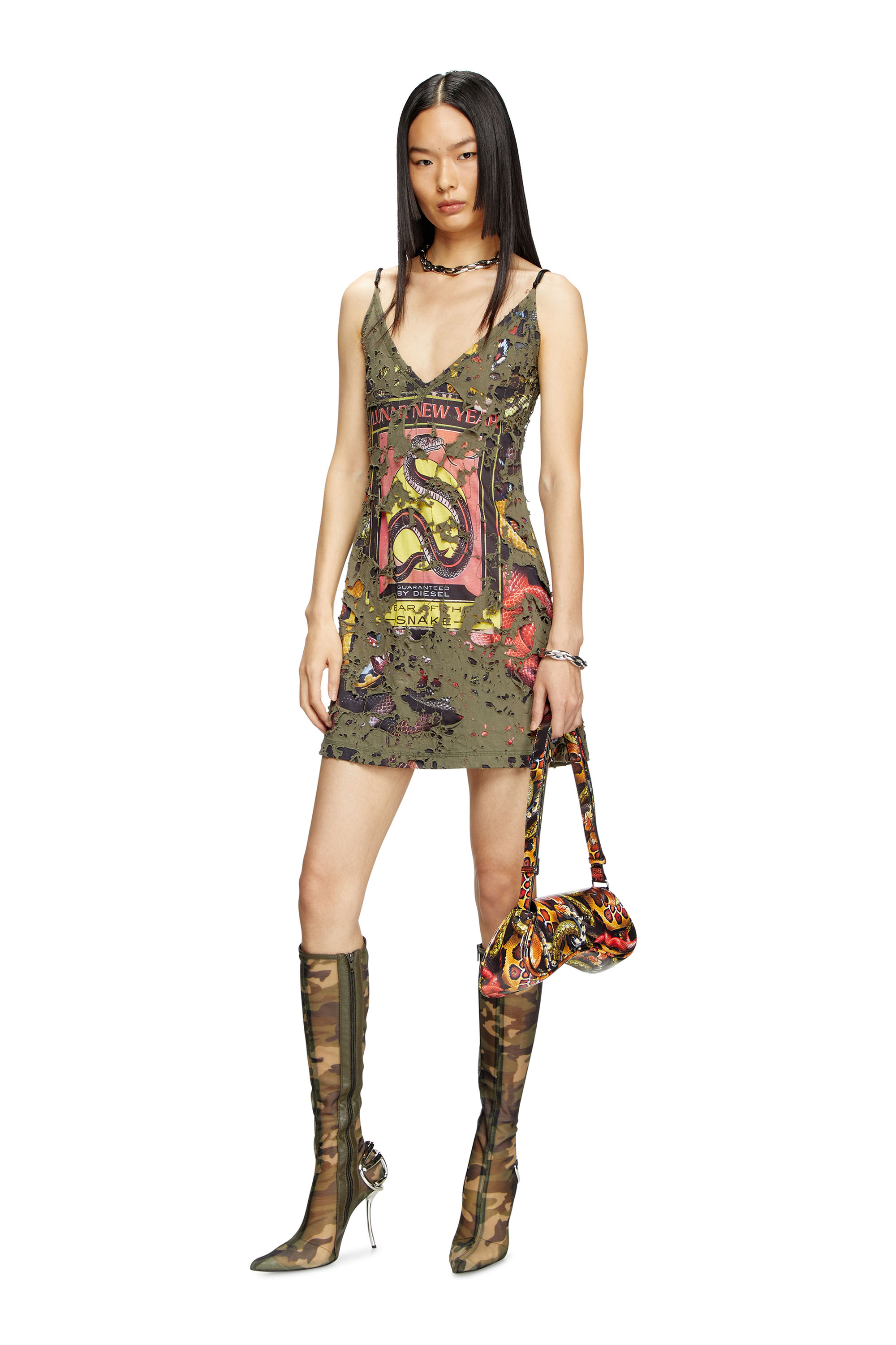 Diesel - CL-D-JENA-DEV-SNAKE, Female's Destroyed snake-print slip dress in Olive Green - 1