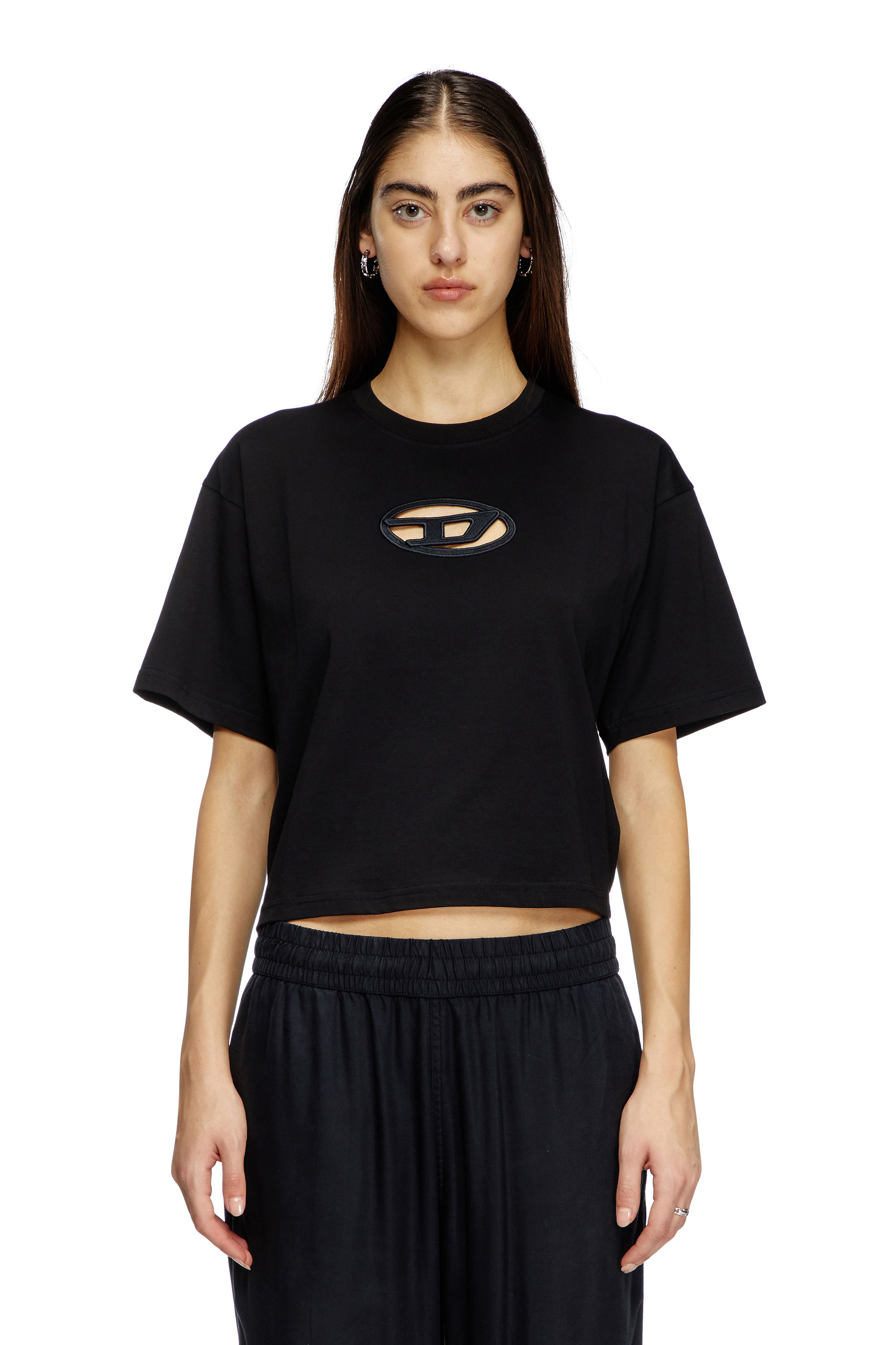 Diesel - T-BUXT-CROP-OD, T-shirt boxy avec cut-out Oval D Femme in Noir - 1