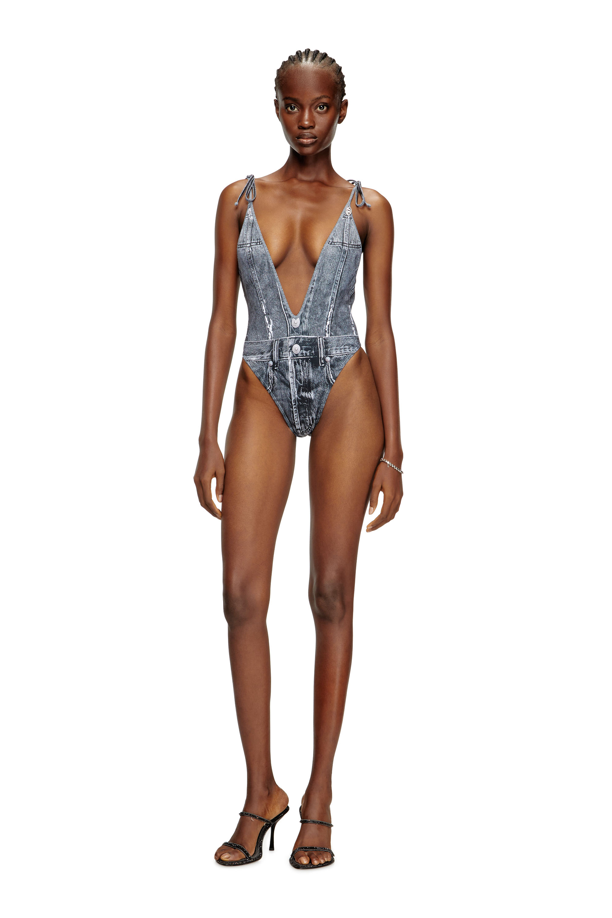 Diesel - KINSLEY-DNM, Female's Plunging swimsuit with denim trompe l'oeil in Blue - 2