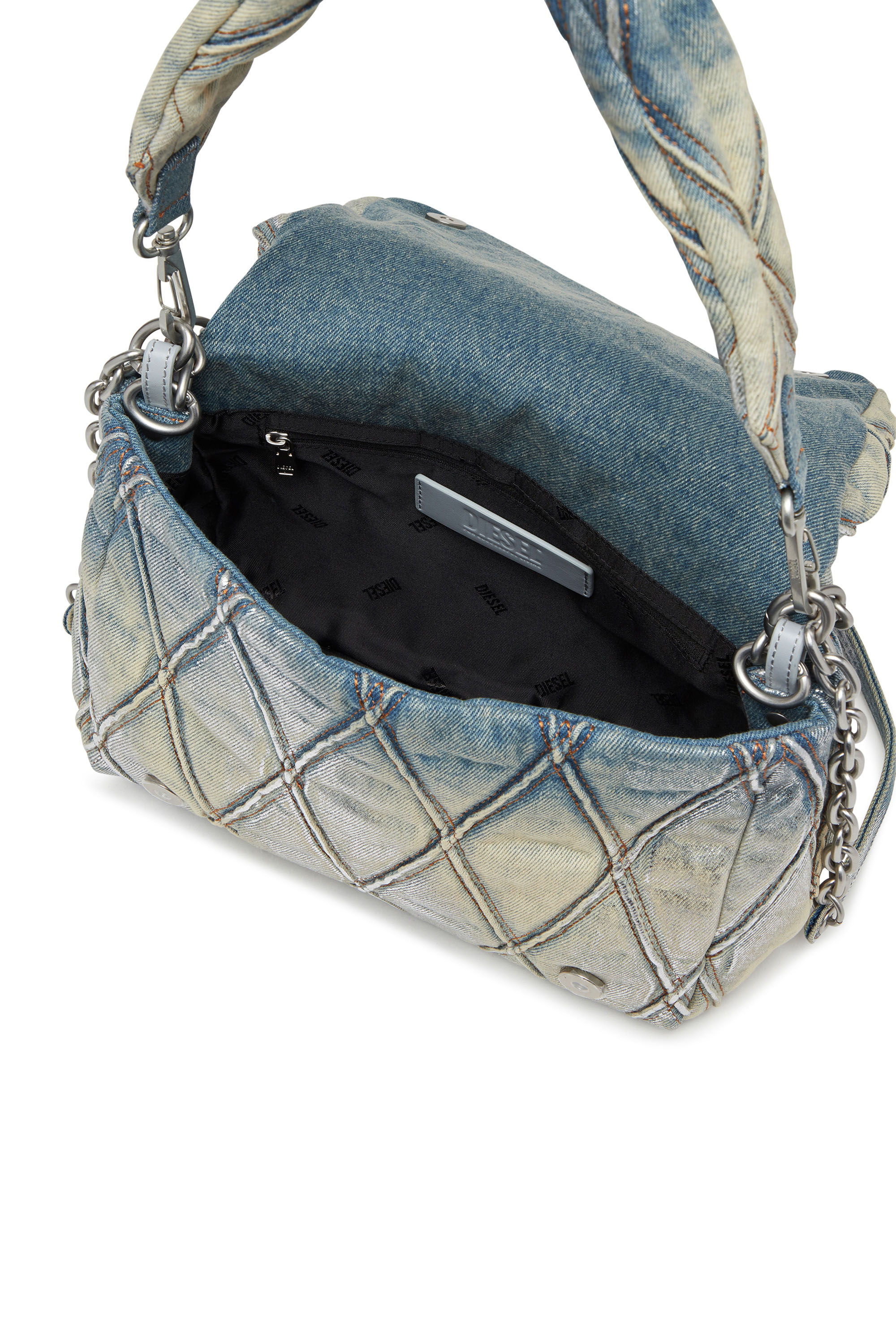 Diesel - CHARM-D SHOULDER M, Female's Charm-D M-Shoulder bag in metallic quilted denim in Light Blue - 4