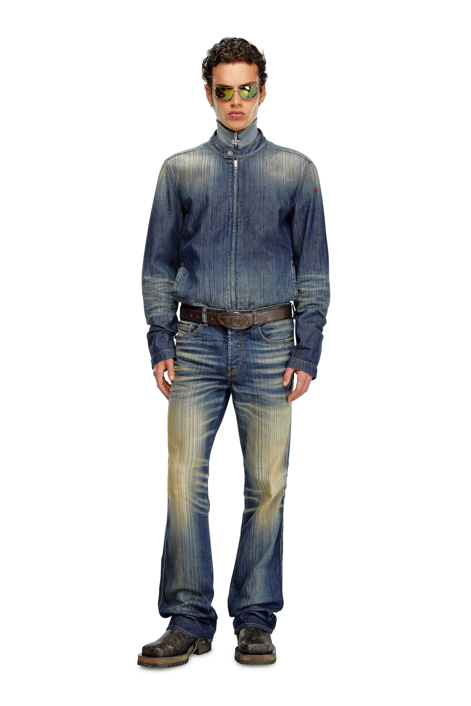 Diesel - D-GLORY, Male's Moto jacket in streaky denim in Dark Blue - 2