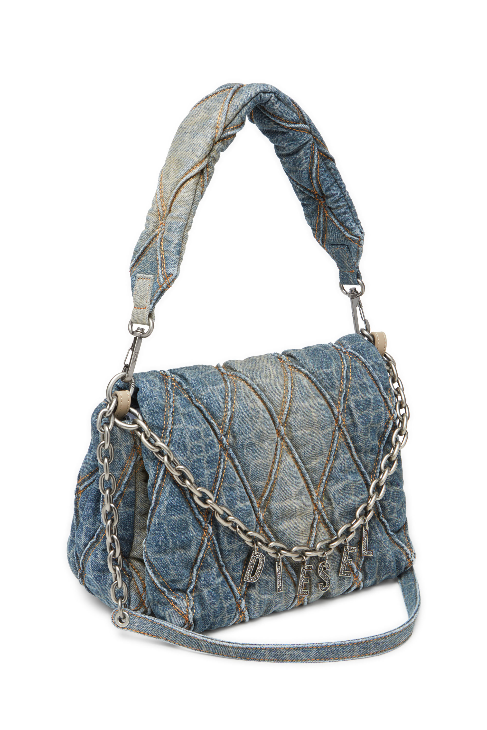 Diesel - CNY CHARM-D SHOULDER M, Female's Shoulder bag in snake-print quilted denim in Blue - 5