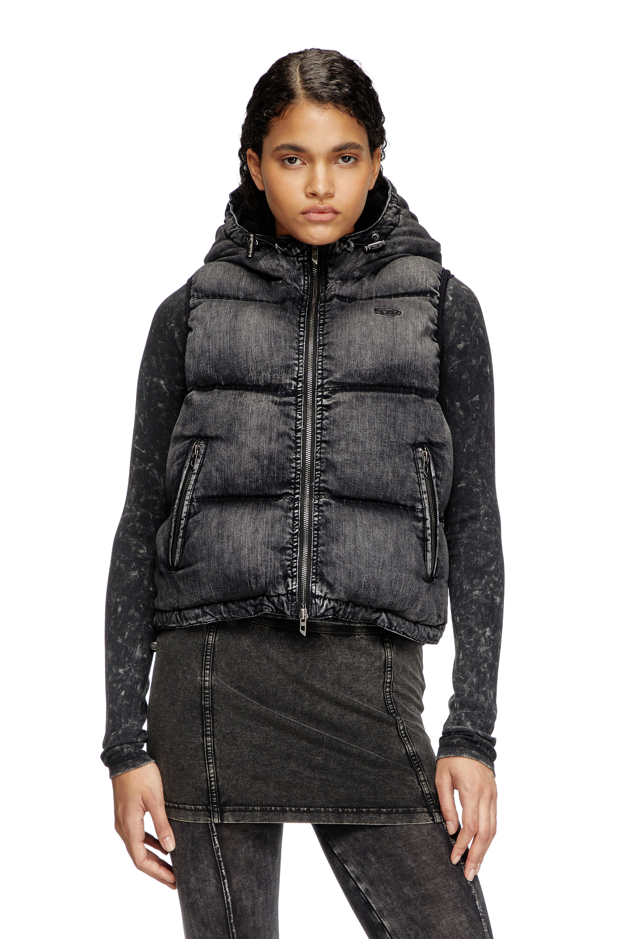 Diesel - W-HOPPER, Female's Hooded puffer vest in faded denim in Black - 1