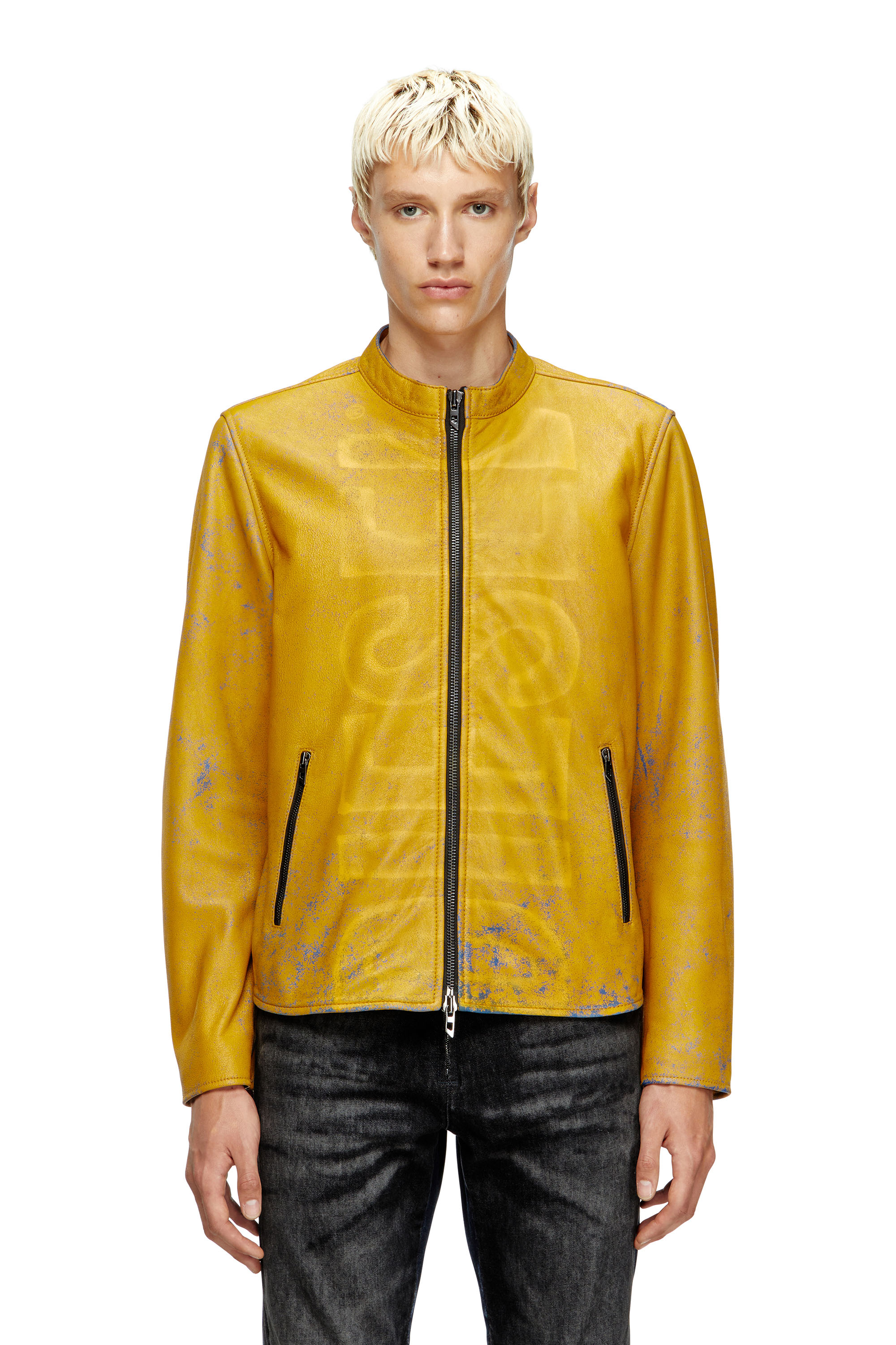 Diesel - L-EVERT-A, Veste de motard en cuir traité avec logo délavé Homme in Jaune - 1