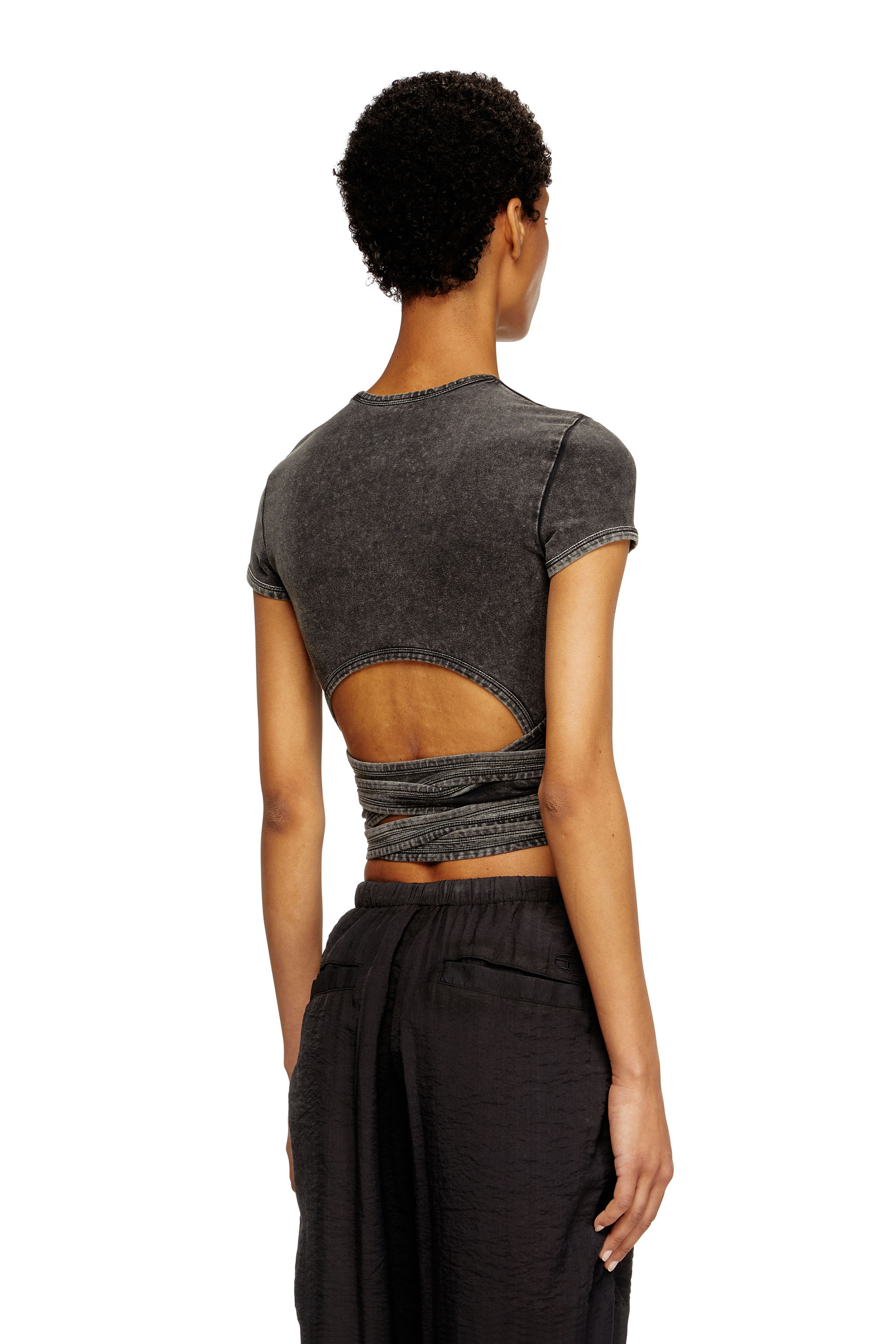 Diesel - T-BUNNY-TAIL-R1, Female's Denim-look T-shirt with wrap ties in Black - 3