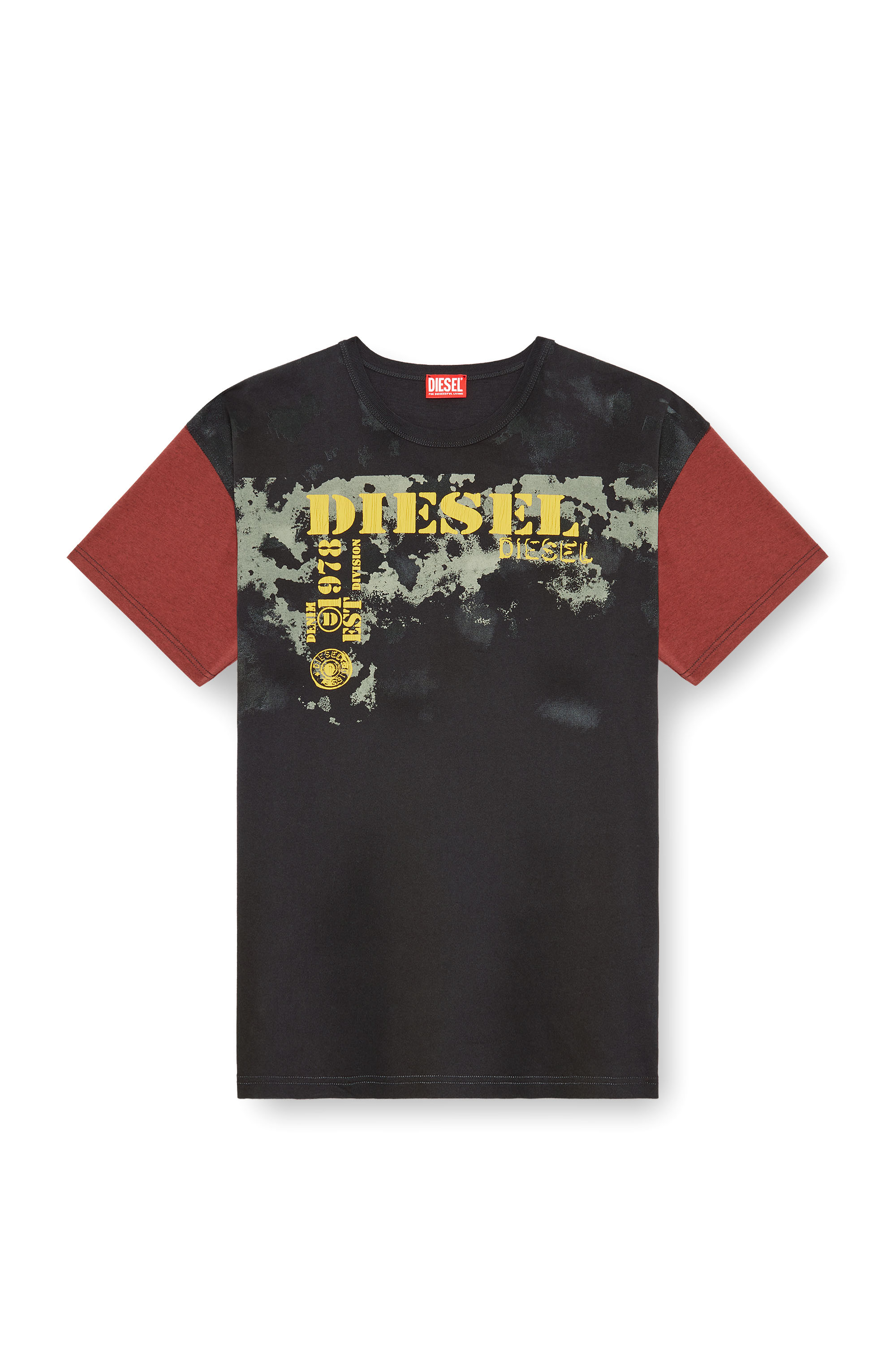 Diesel - T-BOXT-Q4, Male's Colour-block T-shirt with dirty effects in Black/Red - 4