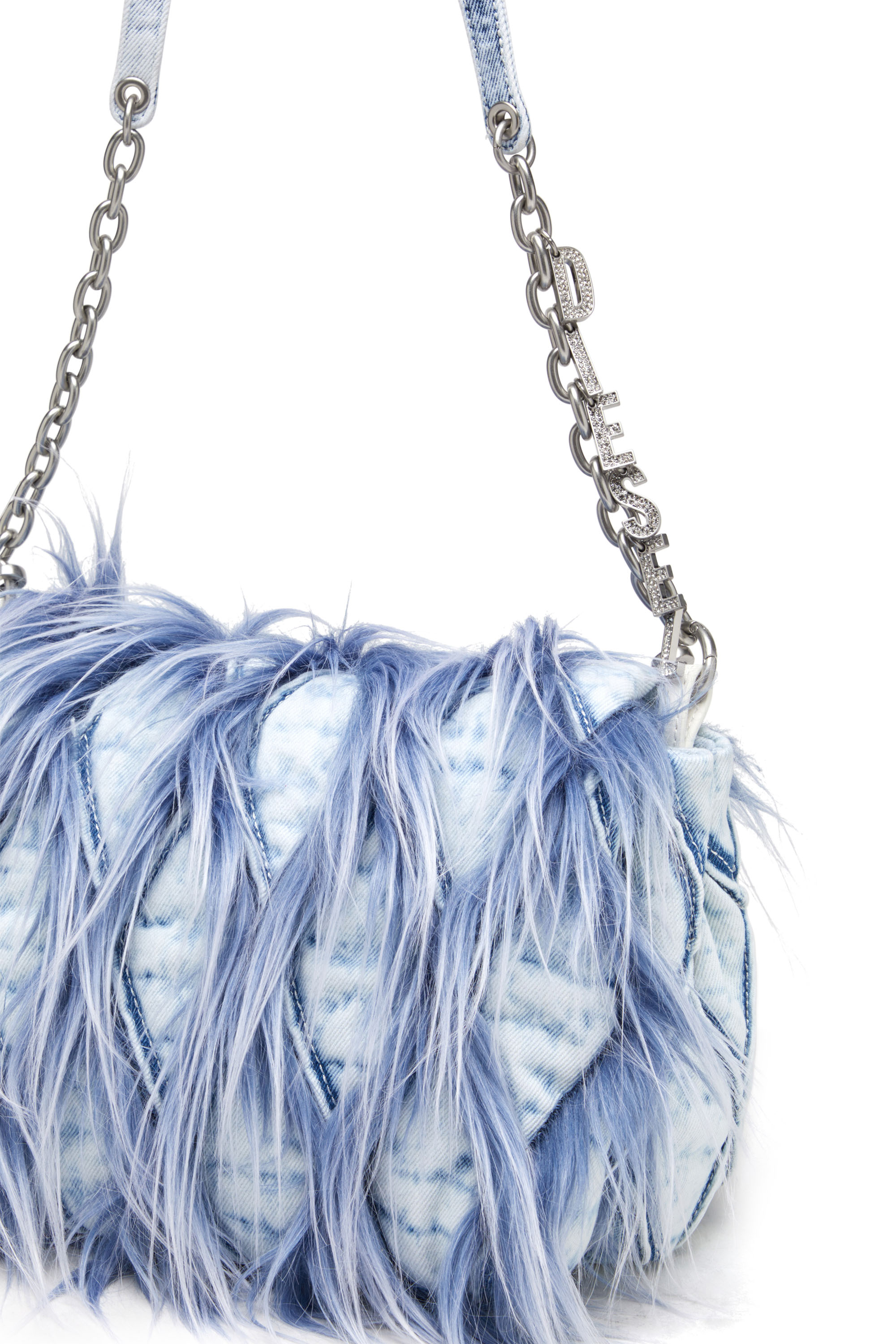 Diesel - CHARM-D SHOULDER M, Female's Charm-D M-Shoulder bag in denim and faux fur in Blue - 5