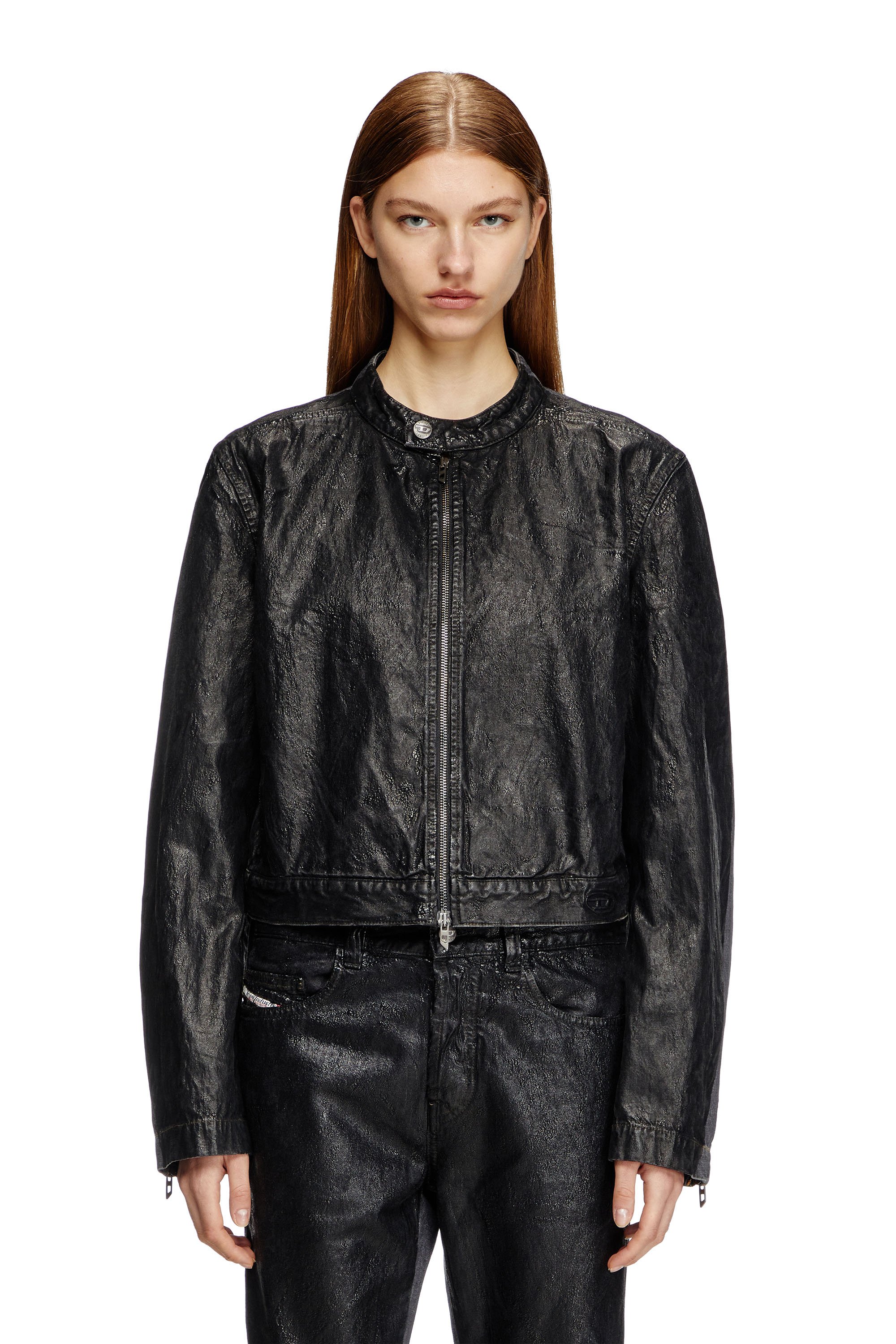 Diesel - D-GLORY-DD, Veste biker en denim avec devant enduit Mixte in Noir - 1