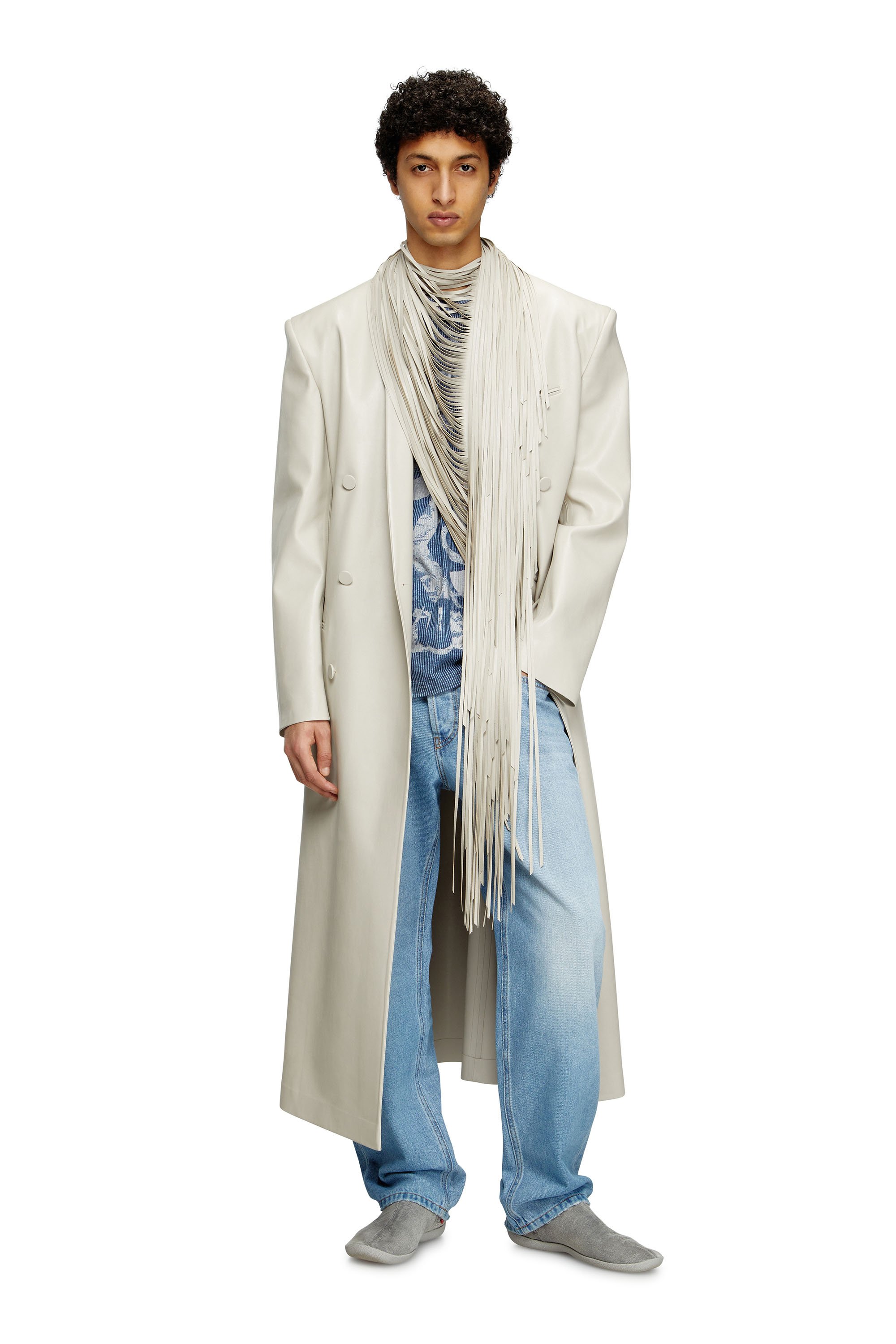 Diesel - J-ELDAR-A, Male's Long coat with shredded scarf fringing in Light Grey - 1