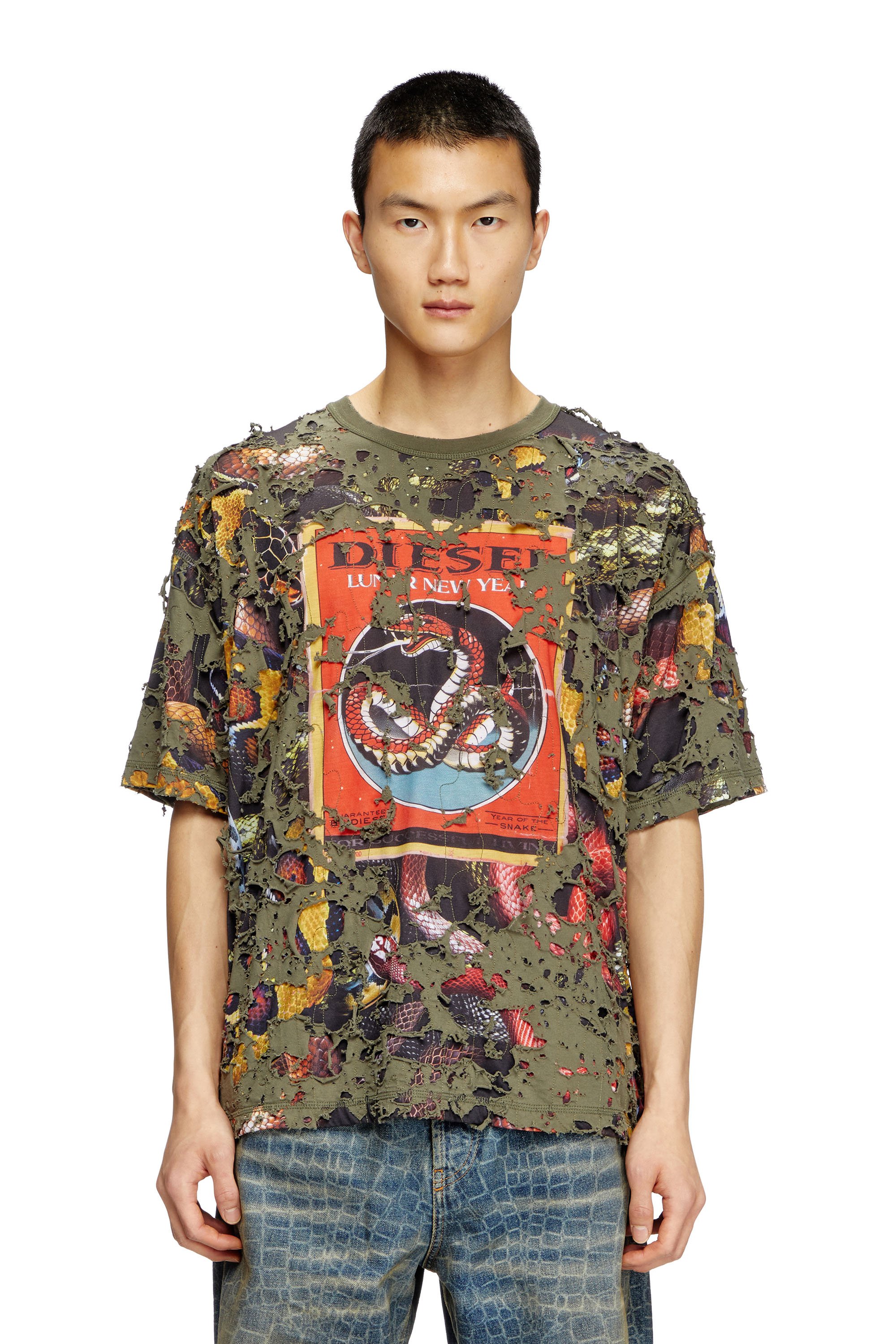 Diesel - CL-T-BOXT-DEVOR-SNAKE, T-shirt à imprimé serpent avec superposition effet destroy Mixte in Vert - 2