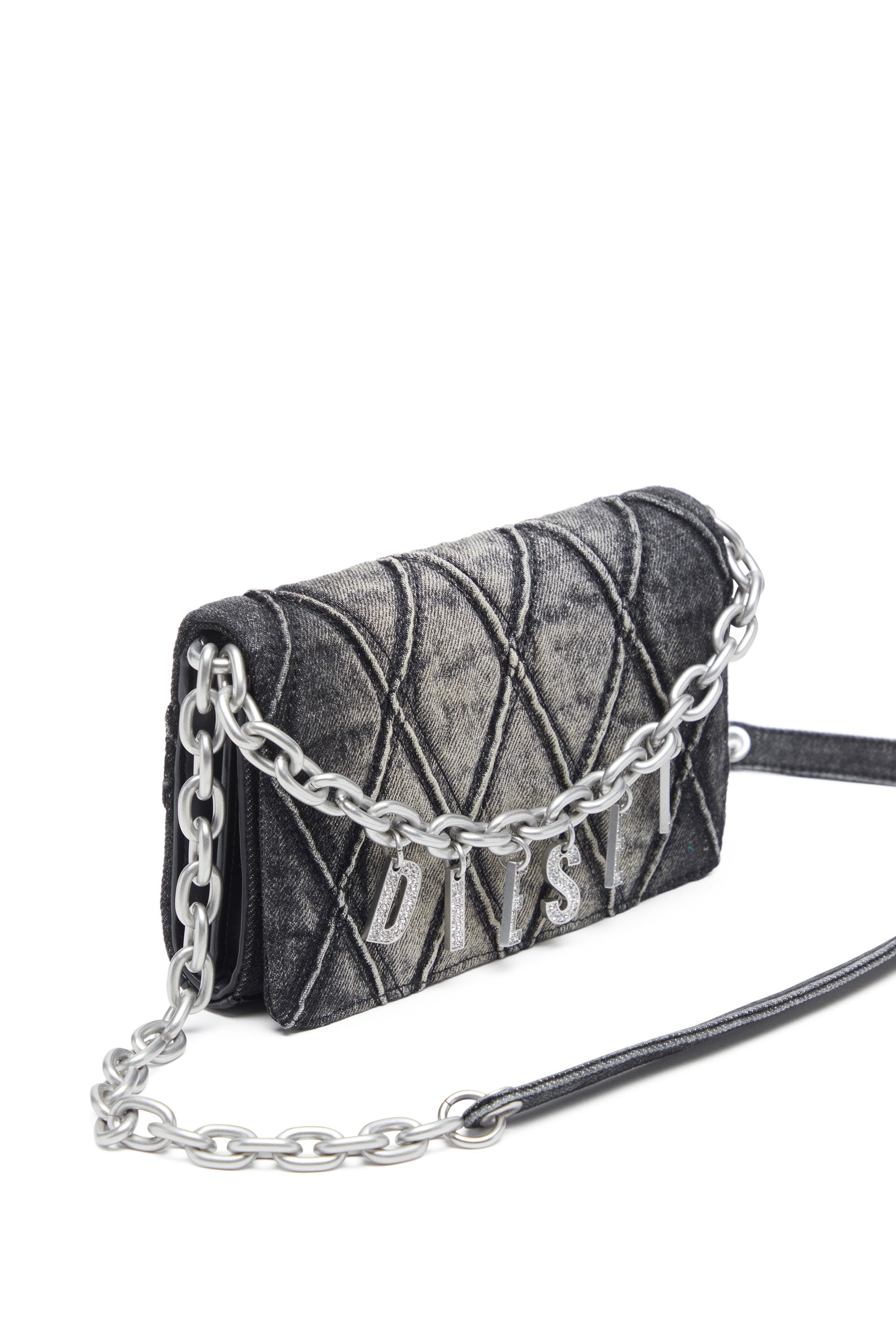 Diesel - CHARM-D WALLET STRAP, Porte-monnaie en denim matelassé motif argyle Femme in Noir - 5