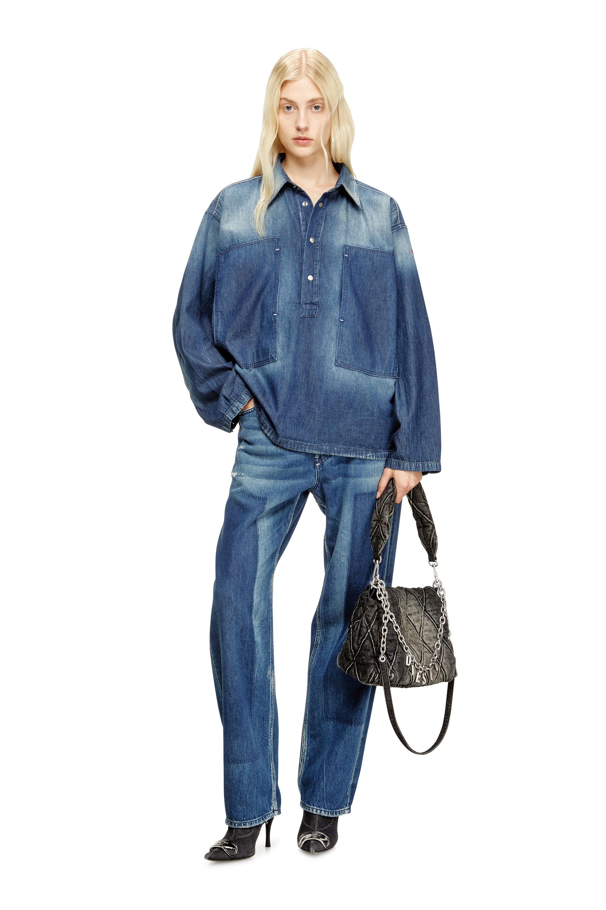 Diesel - DE-PRISS, Female's Henley top in contrast-effect denim in Medium Blue - 2