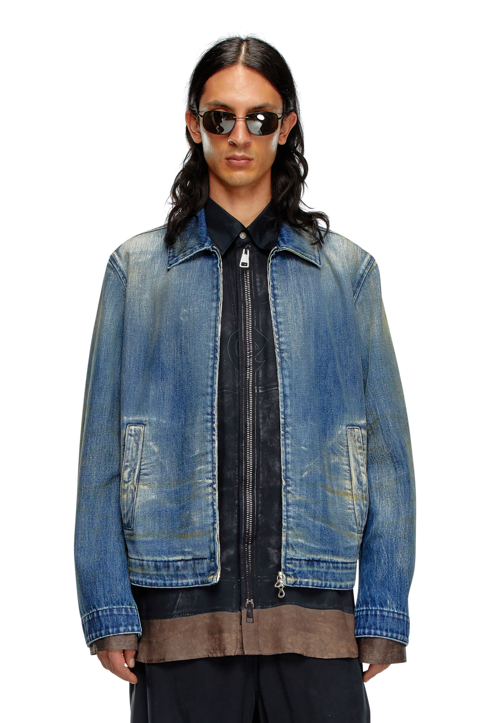 Diesel - D-ROHE, Male Denim blouson jacket with dirt wash in Blue - Image 1