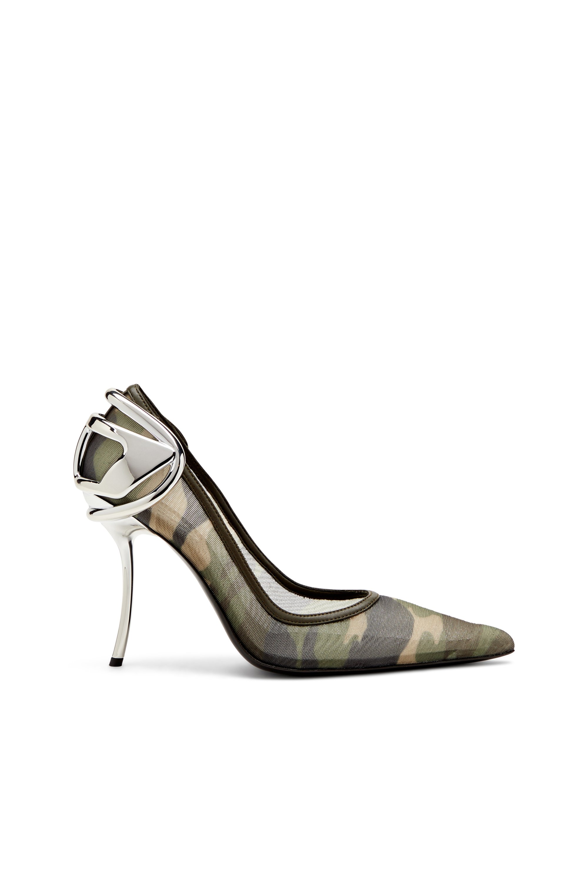 Diesel - D-TEN&HALF P, Female's D-Ten&Half-Camo-mesh pumps with curved heel in Military Green - 1