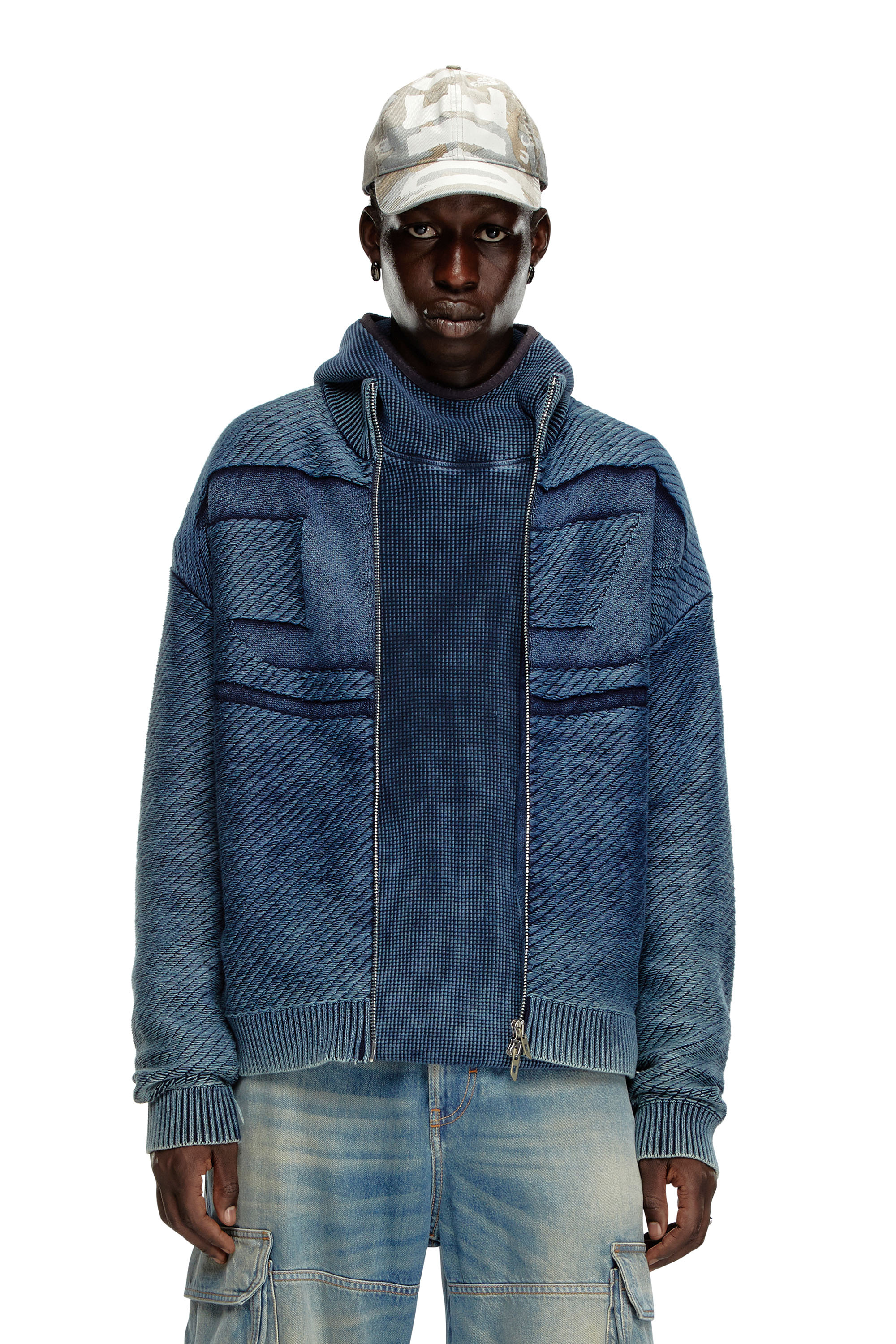 Diesel - K-KLEVERY-ZIP, Male's Denim-effect zip-up cardigan in cotton in Blue - 1