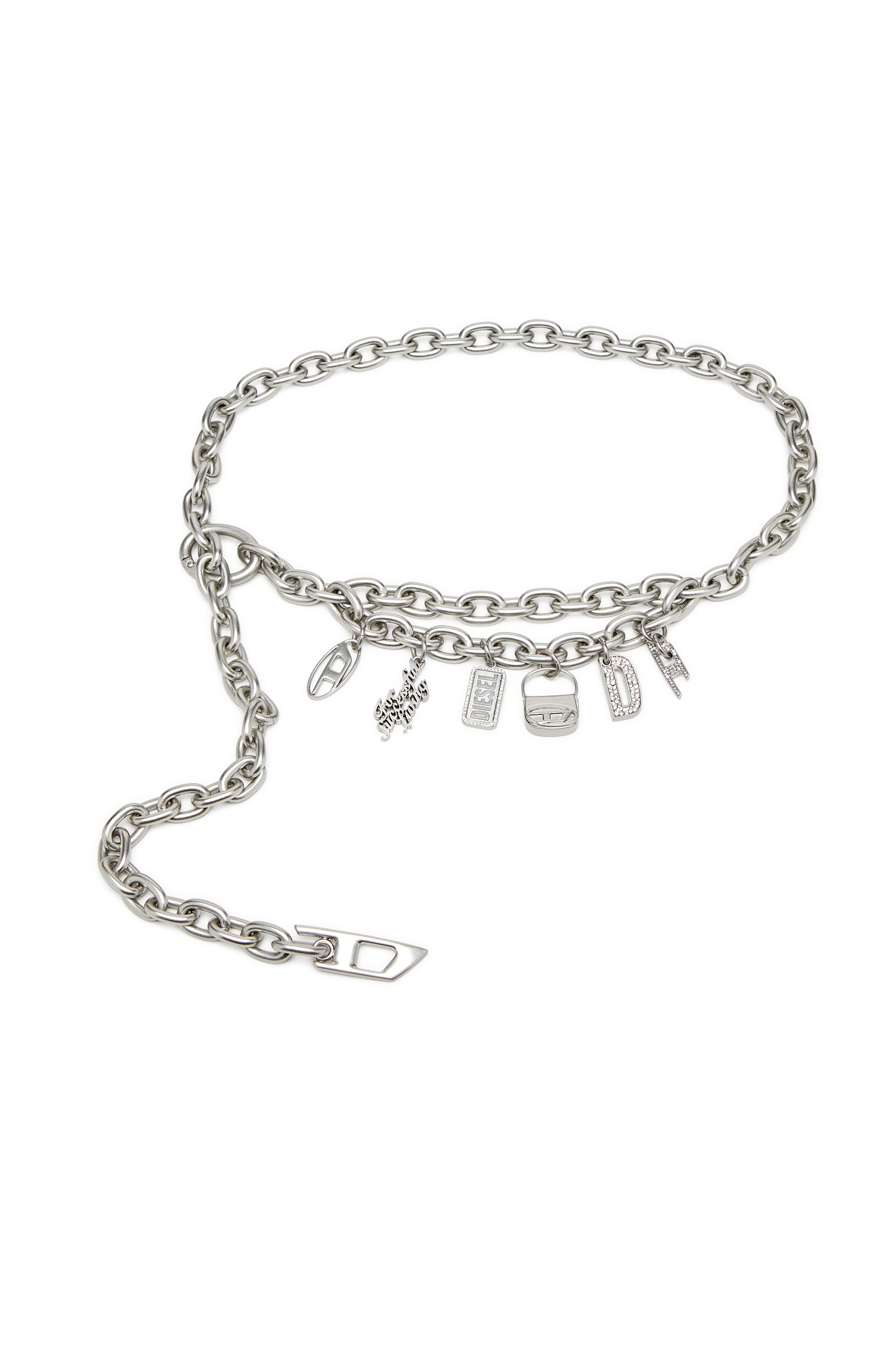 Diesel - B- MULTICHARM CHAIN, Female's Chain belt with logo charms in Silver - 1