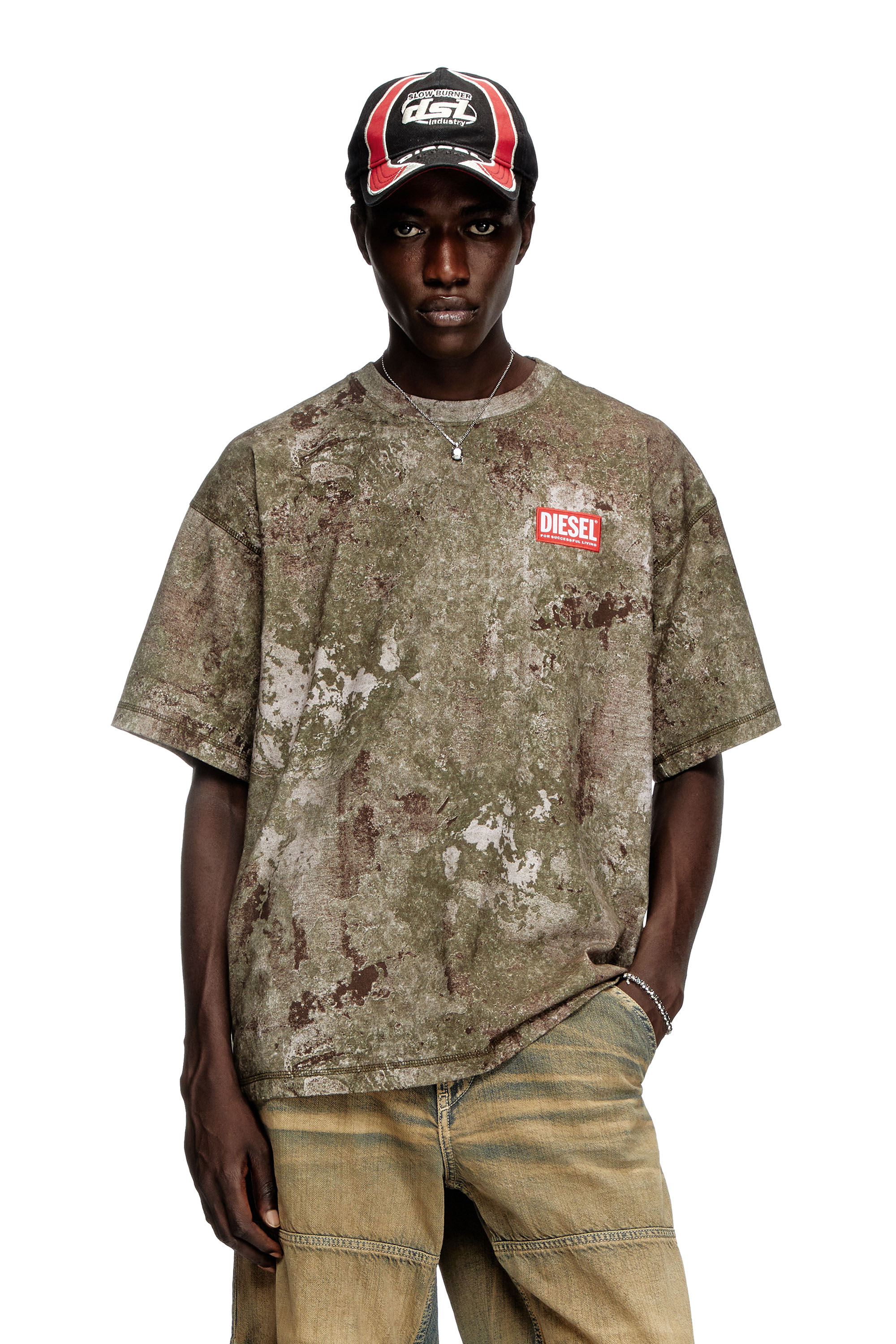 Diesel - T-BOXT-R12, Male's Marble-effect burnout T-shirt in Military Green - 1