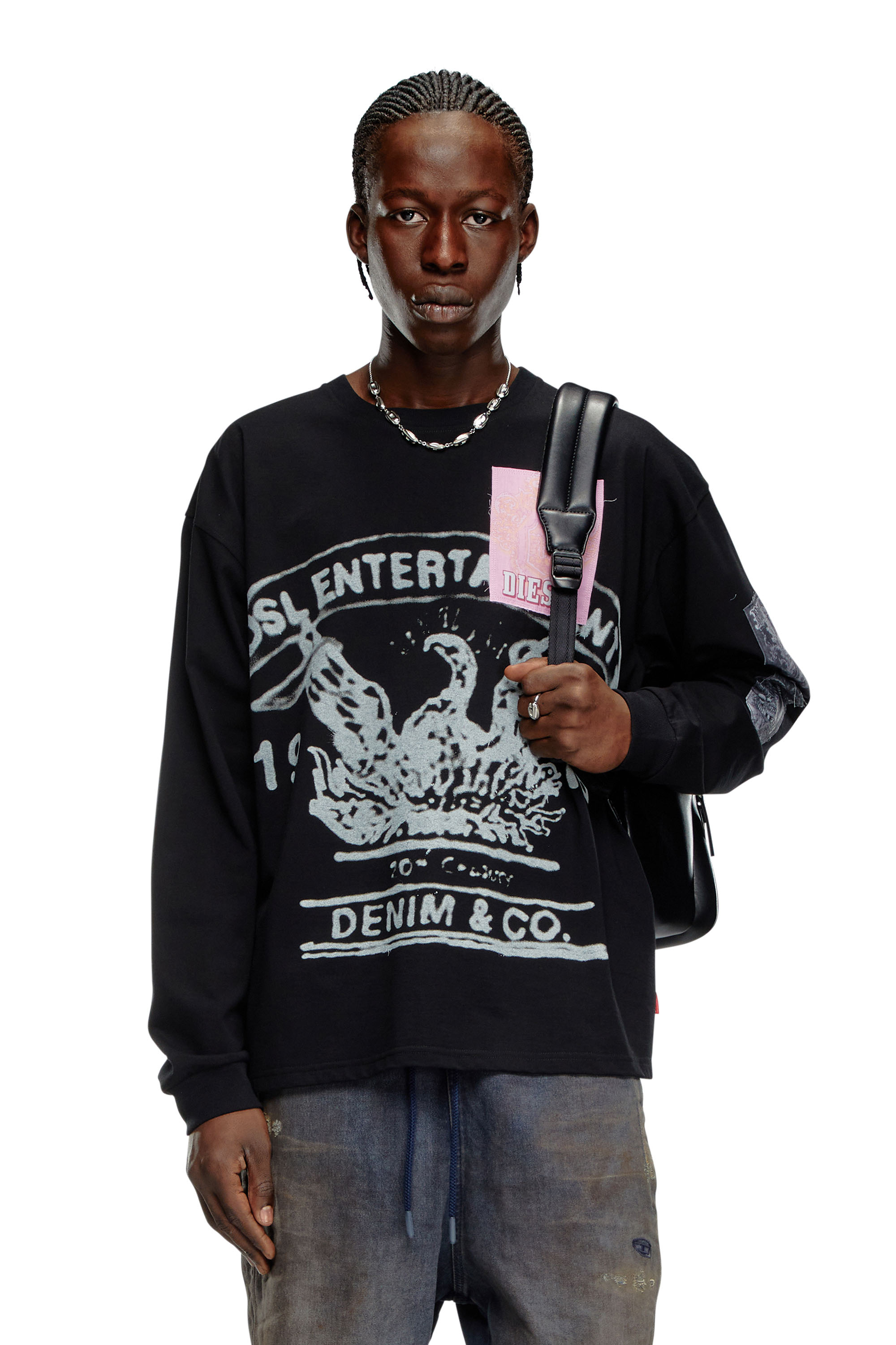 Diesel - T-BOXT-LS-Q10, Male's Long-sleeve T-shirt with printed patches in Black - 1