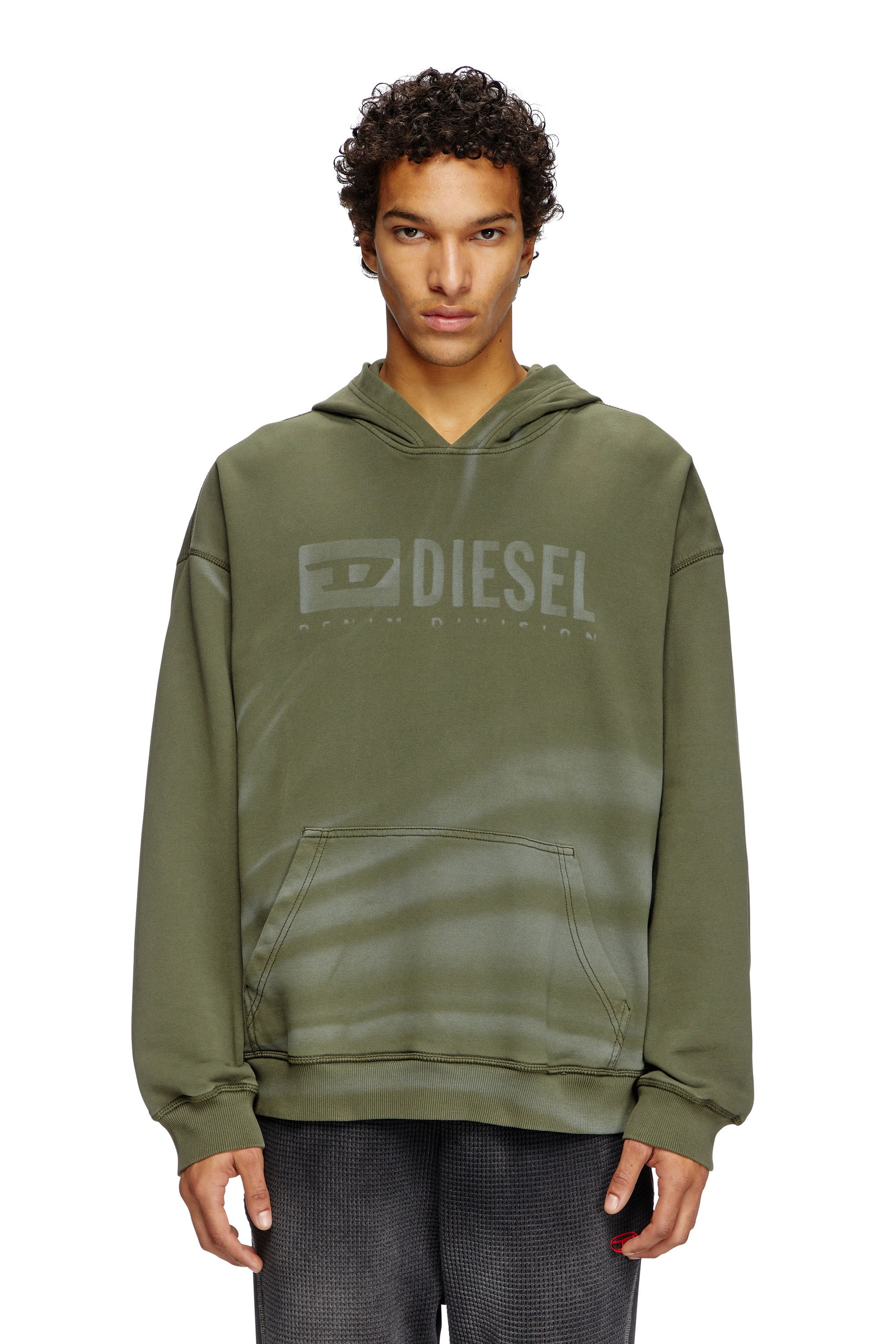 Diesel - S-BOXT-HOOD-R9, Male's Laser-faded logo hoodie in Olive Green - 1