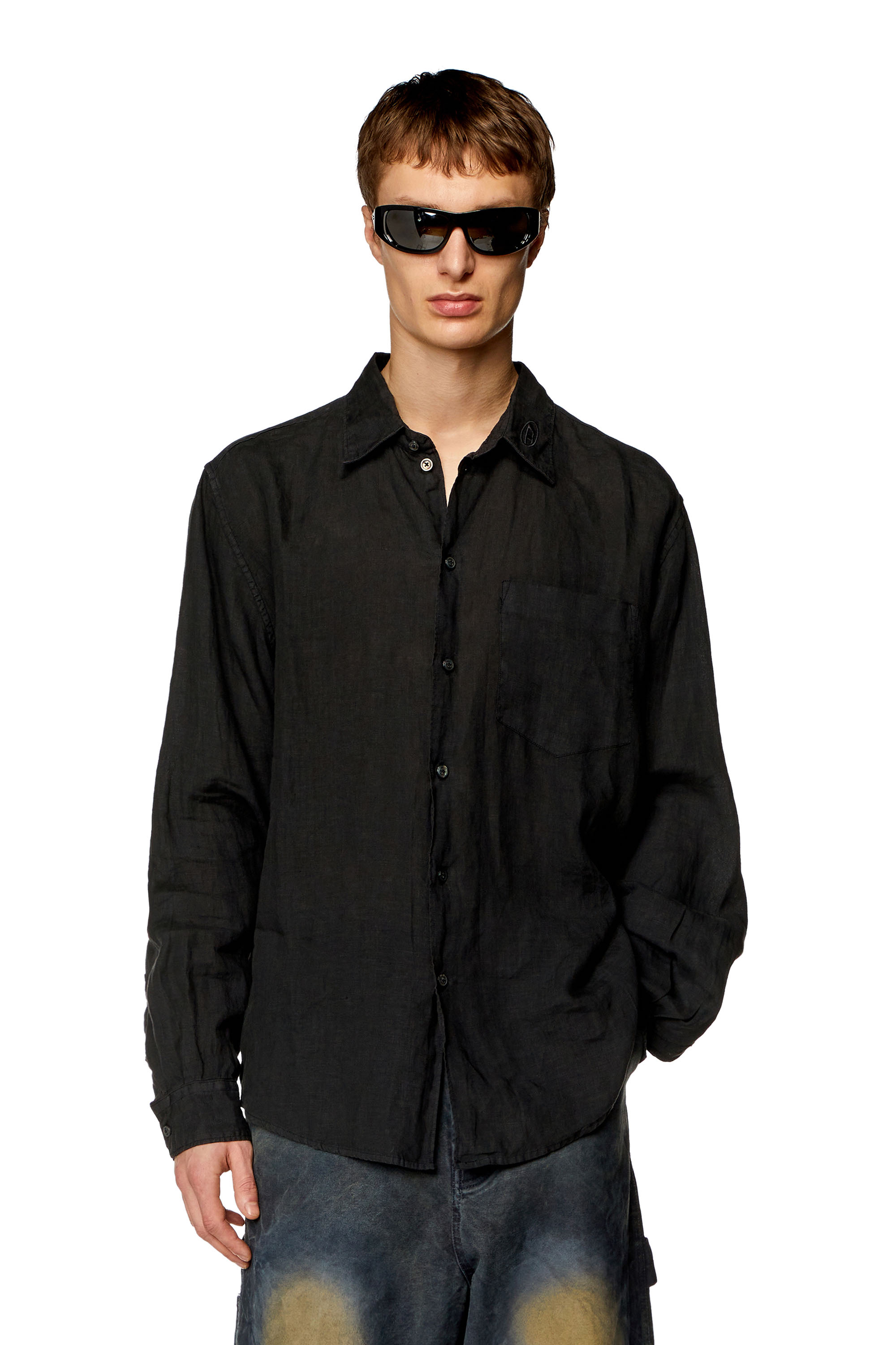 Diesel - S-EMIL, Homme Chemise en lin avec col à logo in Noir - Image 1