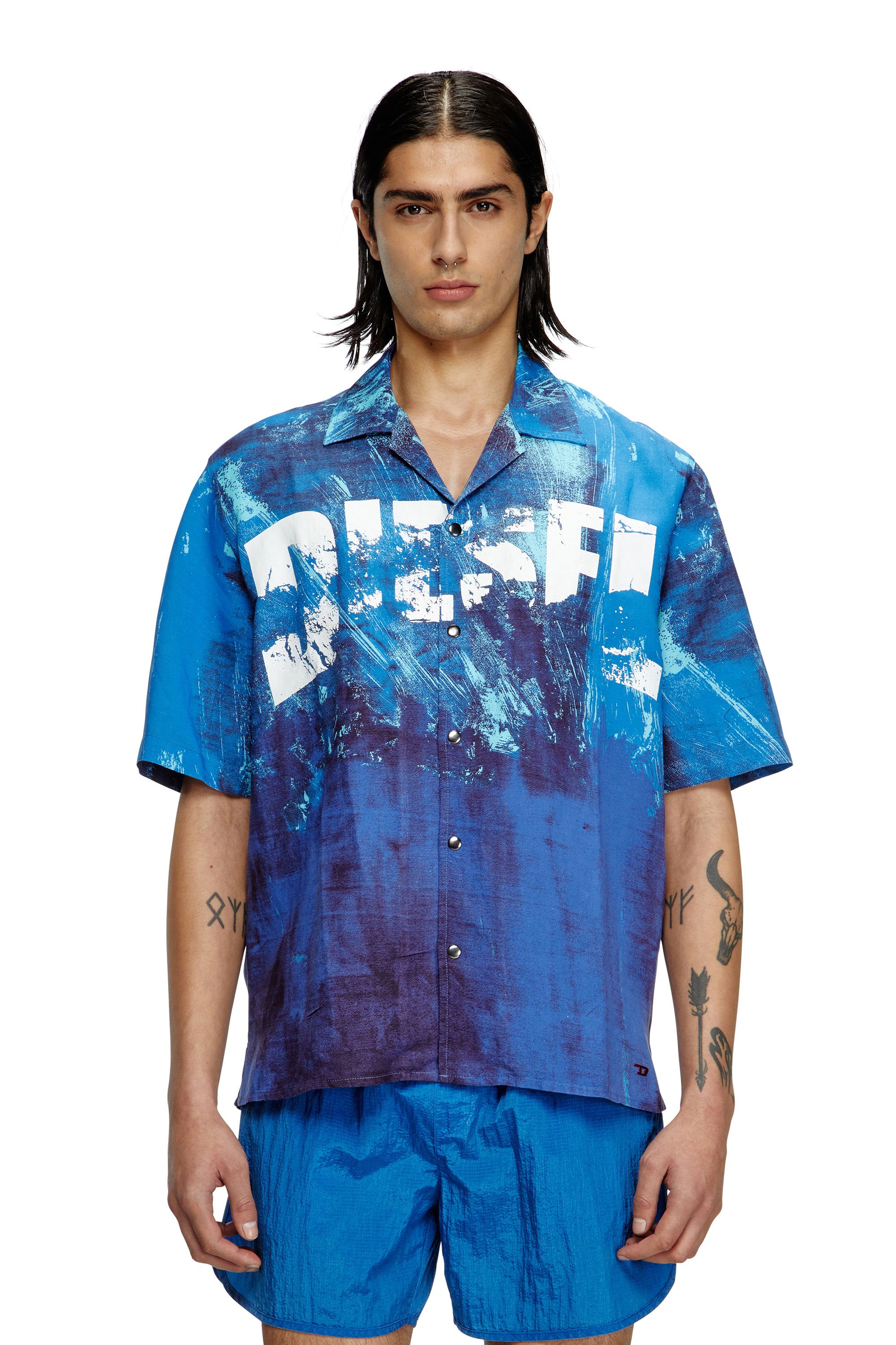 Diesel - CHARLES-D-POP, Male's Printed beach shirt in linen blend in Blue - 1