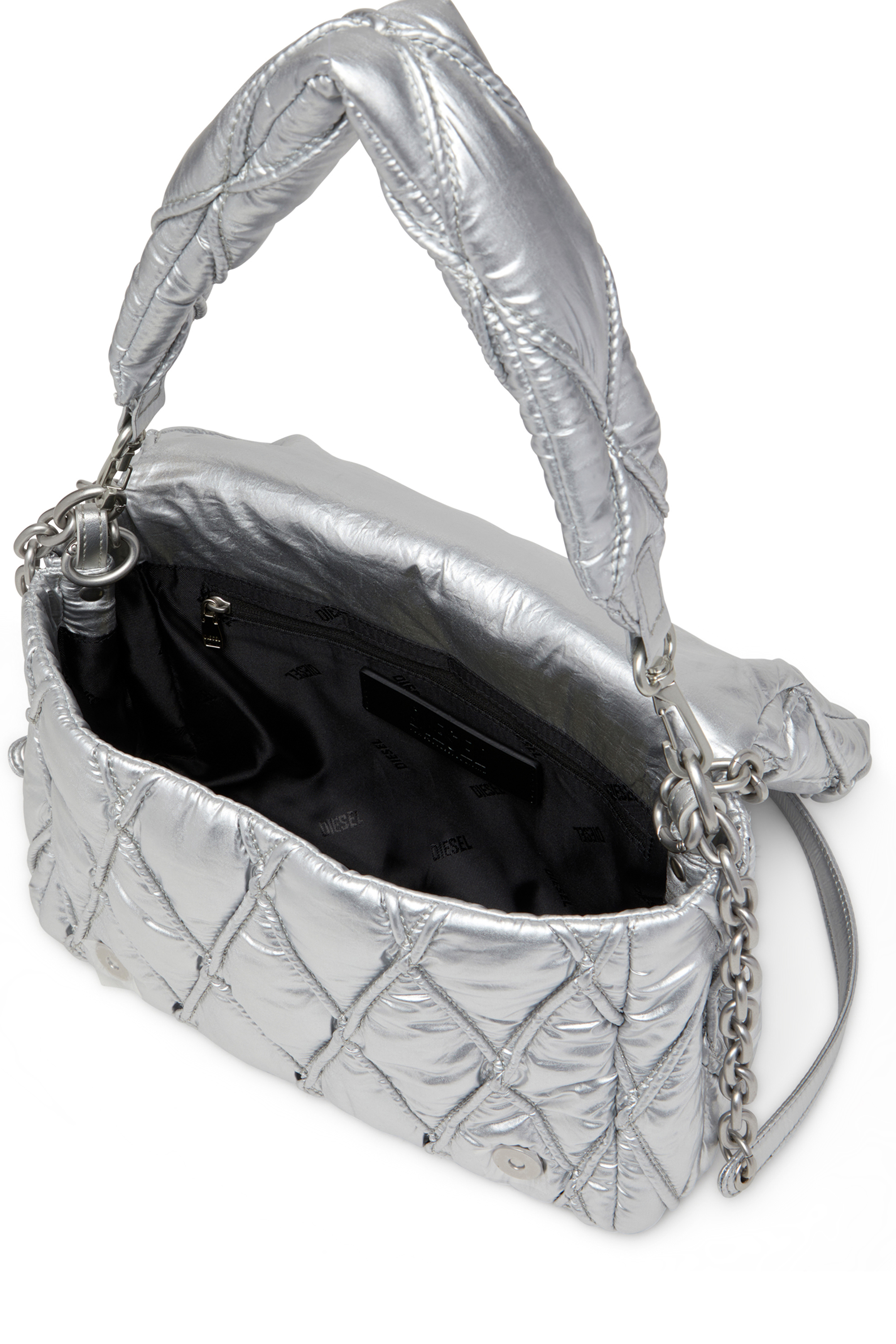 Diesel - CHARM-D SHOULDER M, Female's Charm-D M-Shoulder bag in quilted metallic nylon in Silver - 4