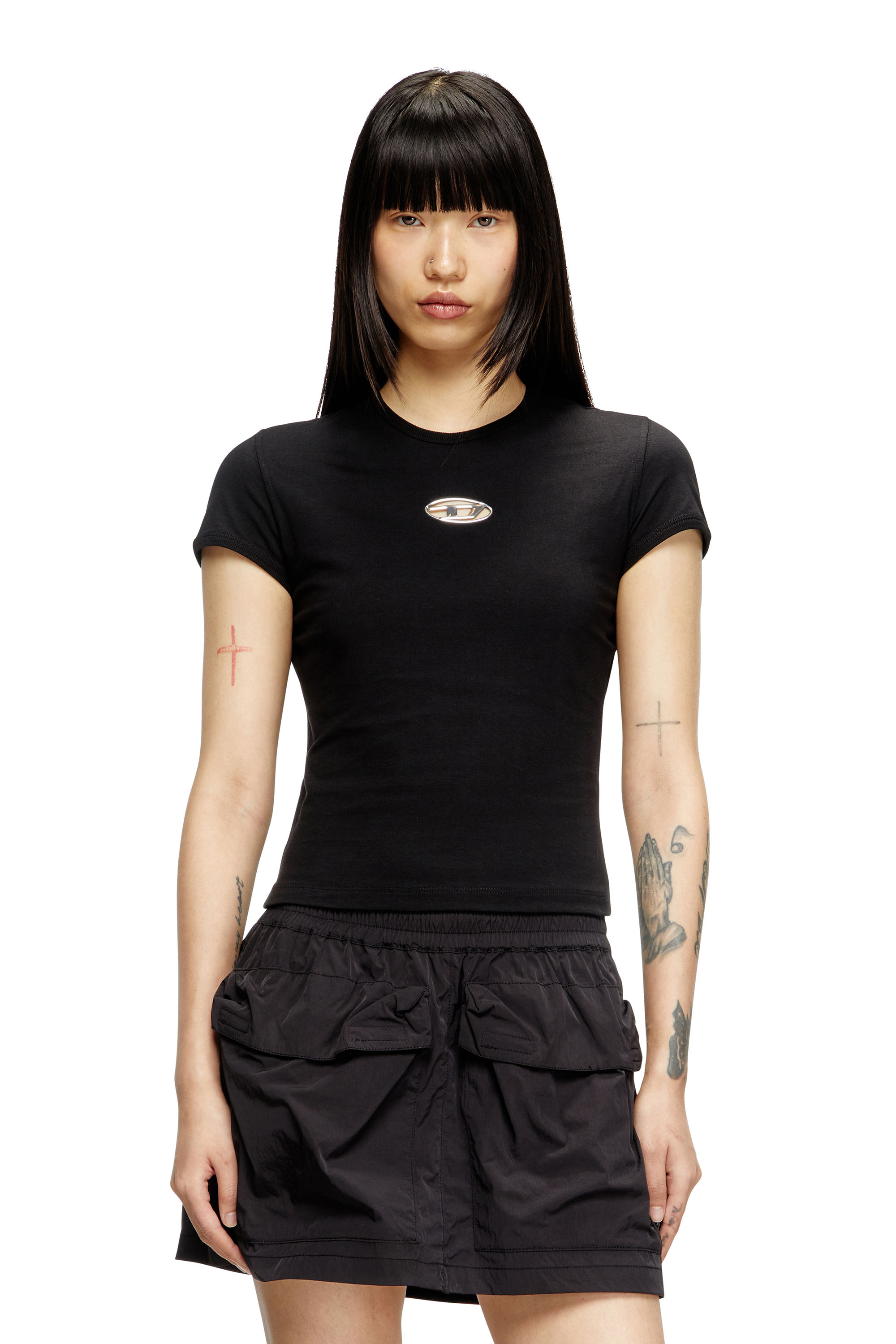 Diesel - T-UNCUTIE-LONG-OD-Q1, Female's Slim fit T-shirt with cut-out Oval D in Black - 1