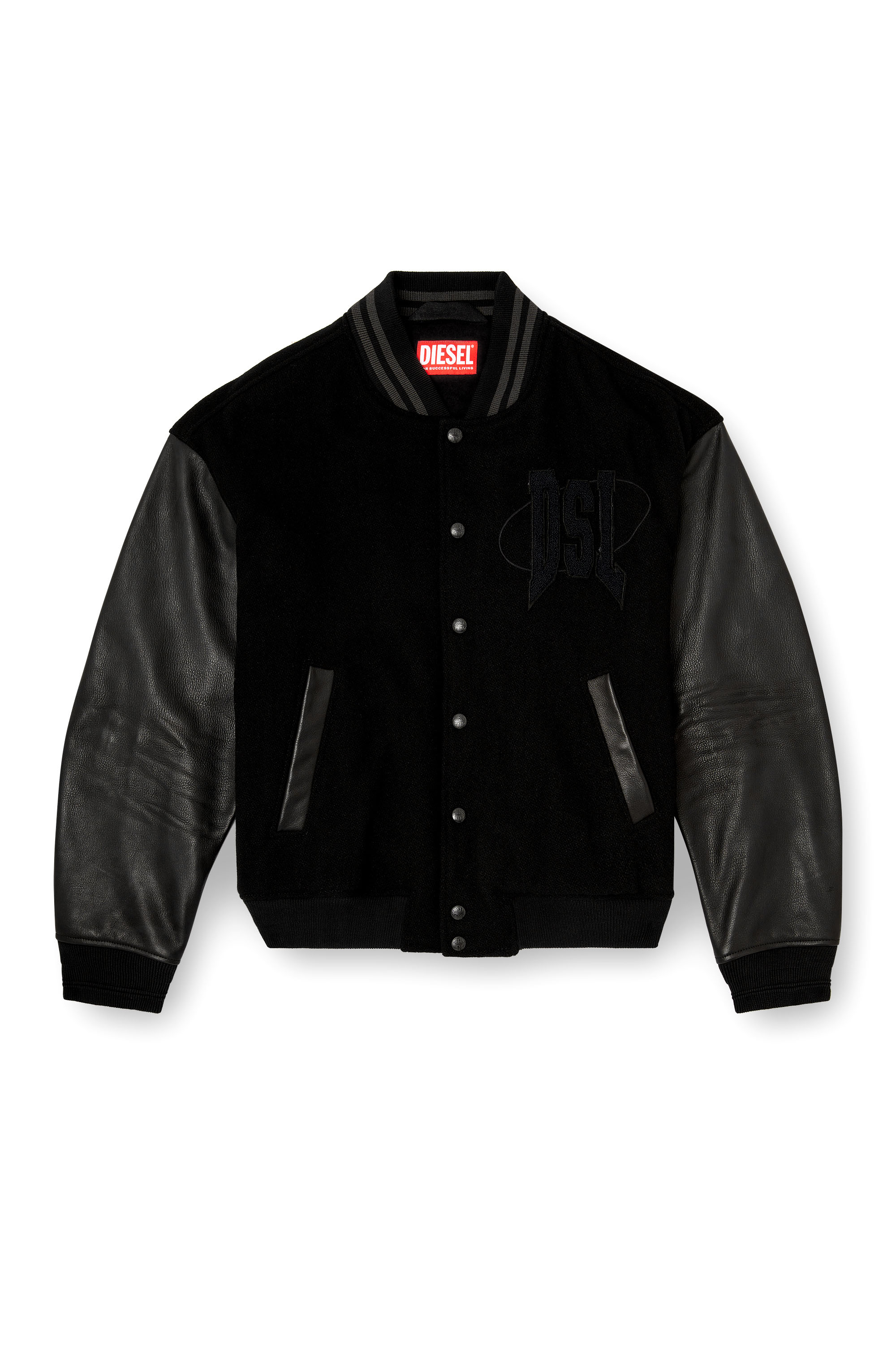 Diesel - L-NYMAN, Male's Varsity bomber jacket in cotton and leather in Black - 3