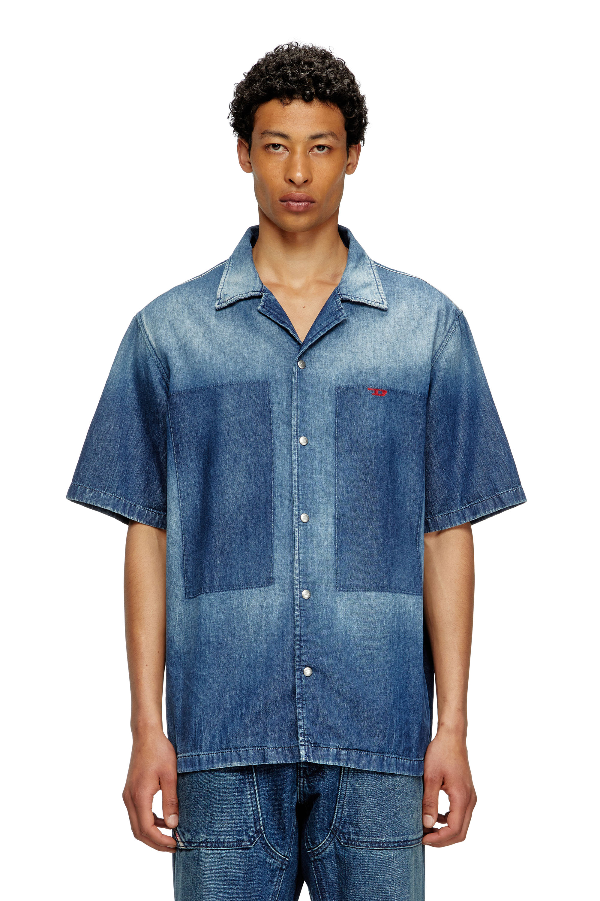 Diesel - D-NABIL-D, Male's Bowling shirt in contrast-effect denim in Medium Blue - 1