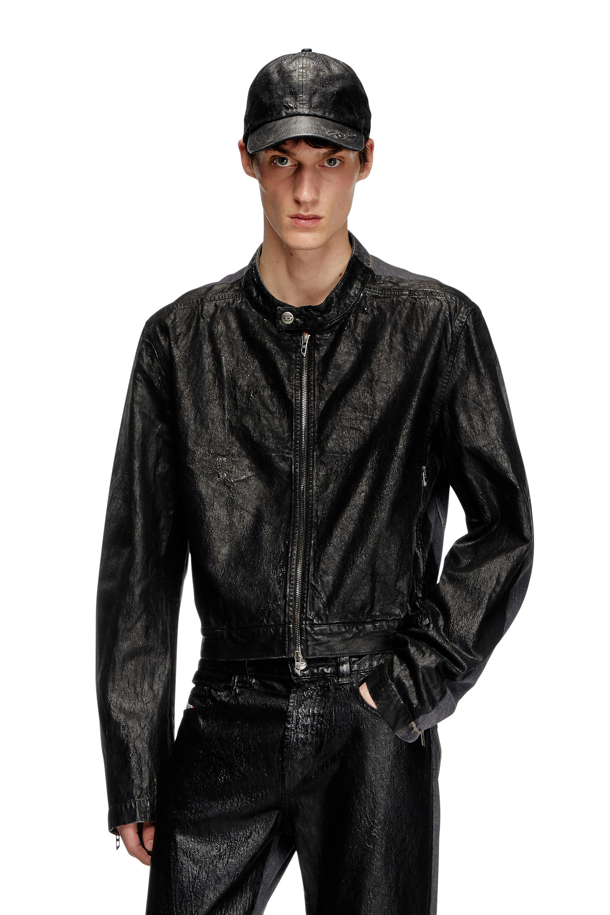 Diesel - D-GLORY-DD, Veste biker en denim avec devant enduit Mixte in Noir - 2