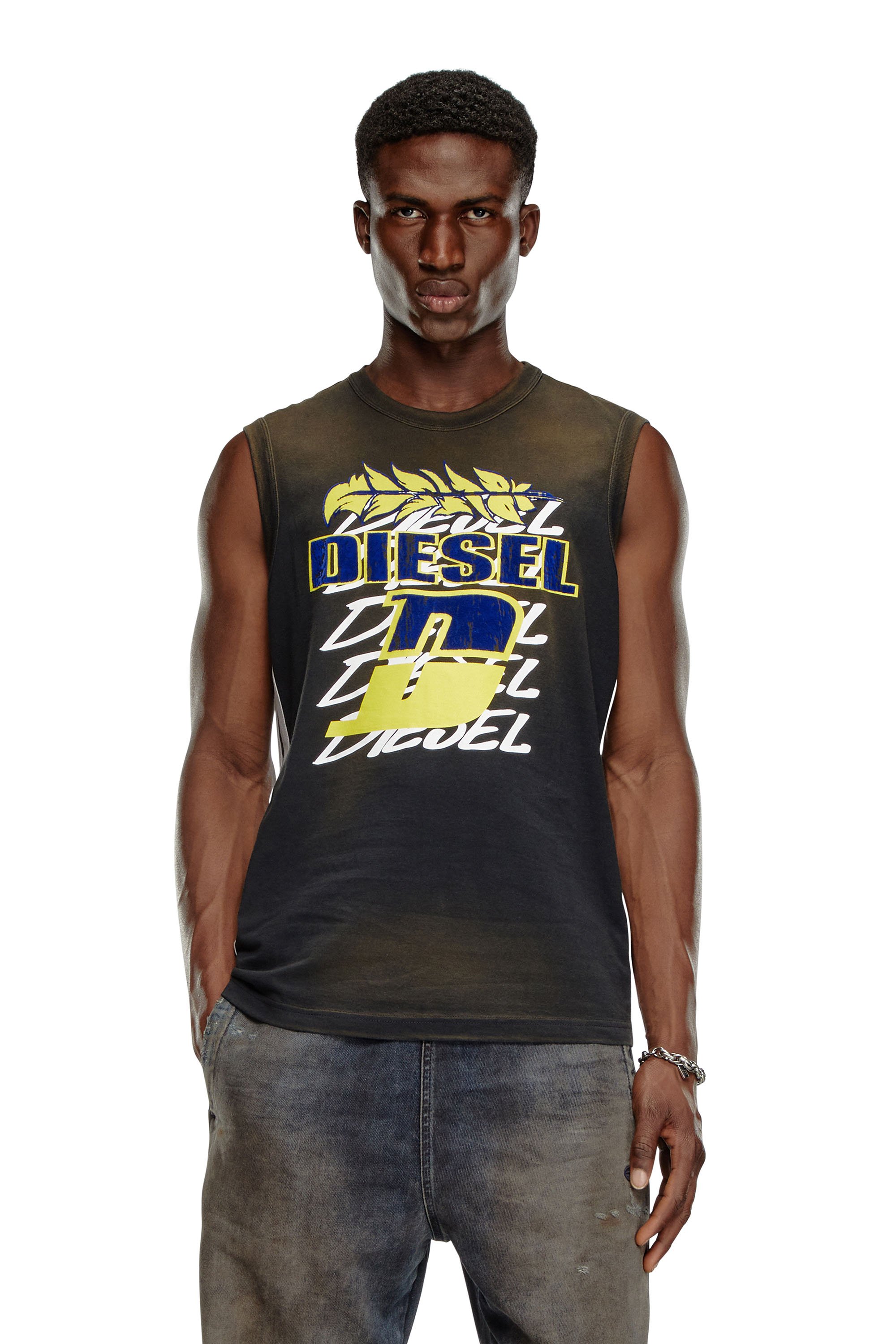 Diesel - T-BISCO-STRIPE, Male Sun-faded tank top with side bands in Black - Image 1