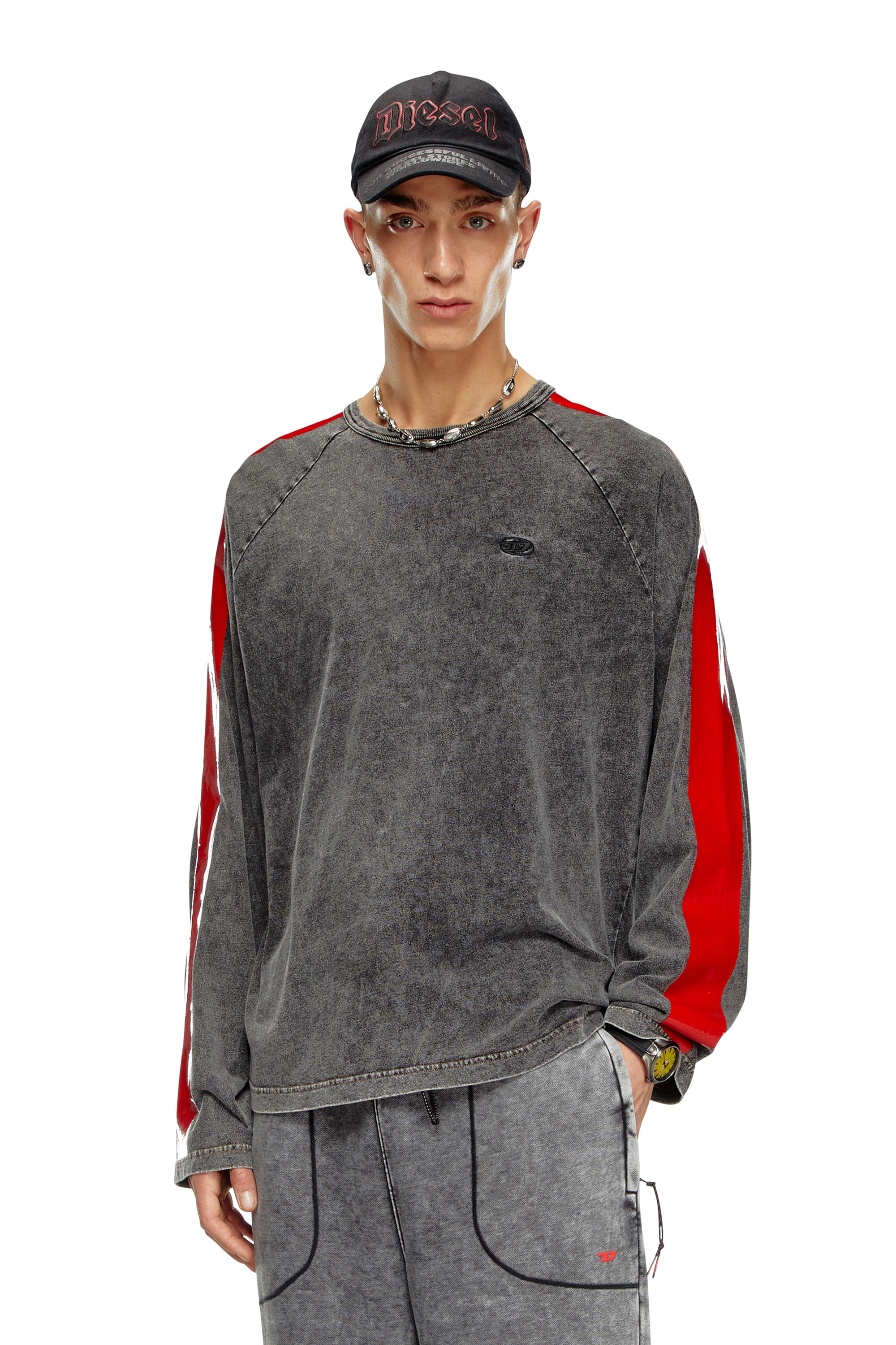 Diesel - T-REDROXT, Male's Long-sleeve T-shirt with glossy bands in Black - 1