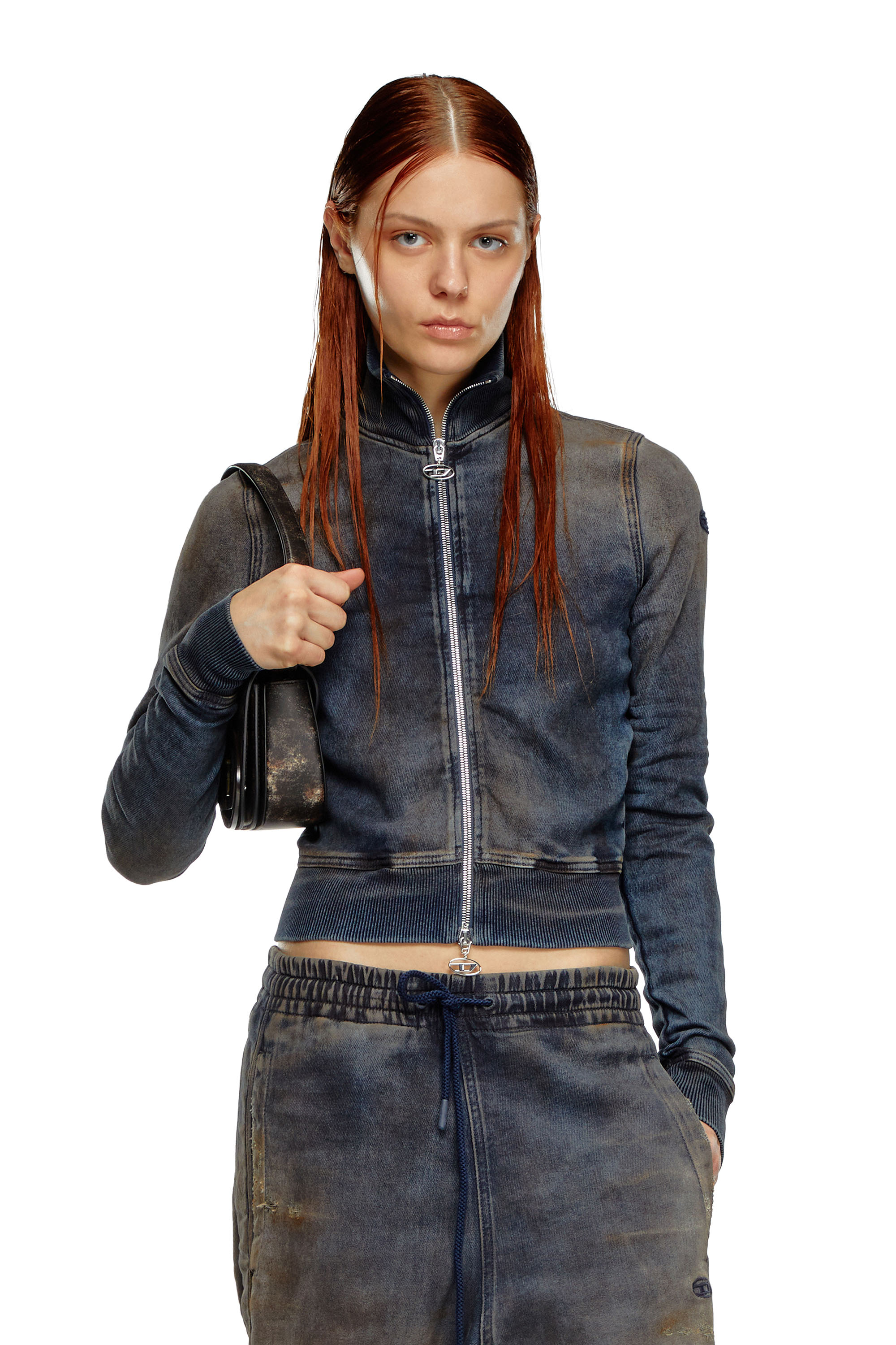 Diesel - D-EMY TRACK, Sweat-shirt zippé en Track Denim effet vieilli Femme in Bleu - 1