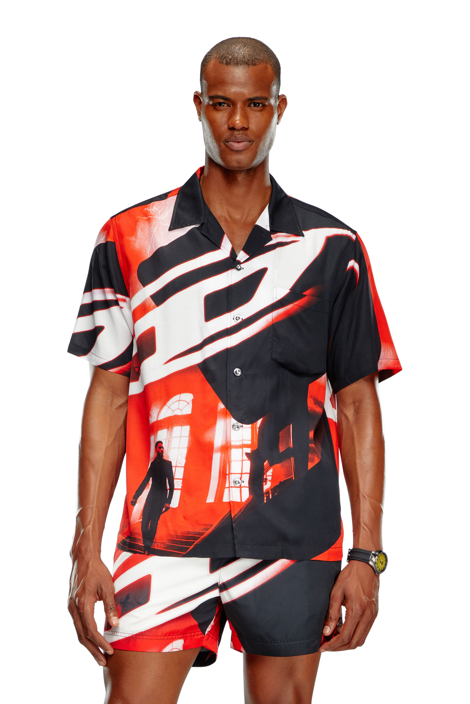 Diesel - BMOWT-ADRIAN, Male's Beach shirt with Oval D poster print in Red/Black - 2