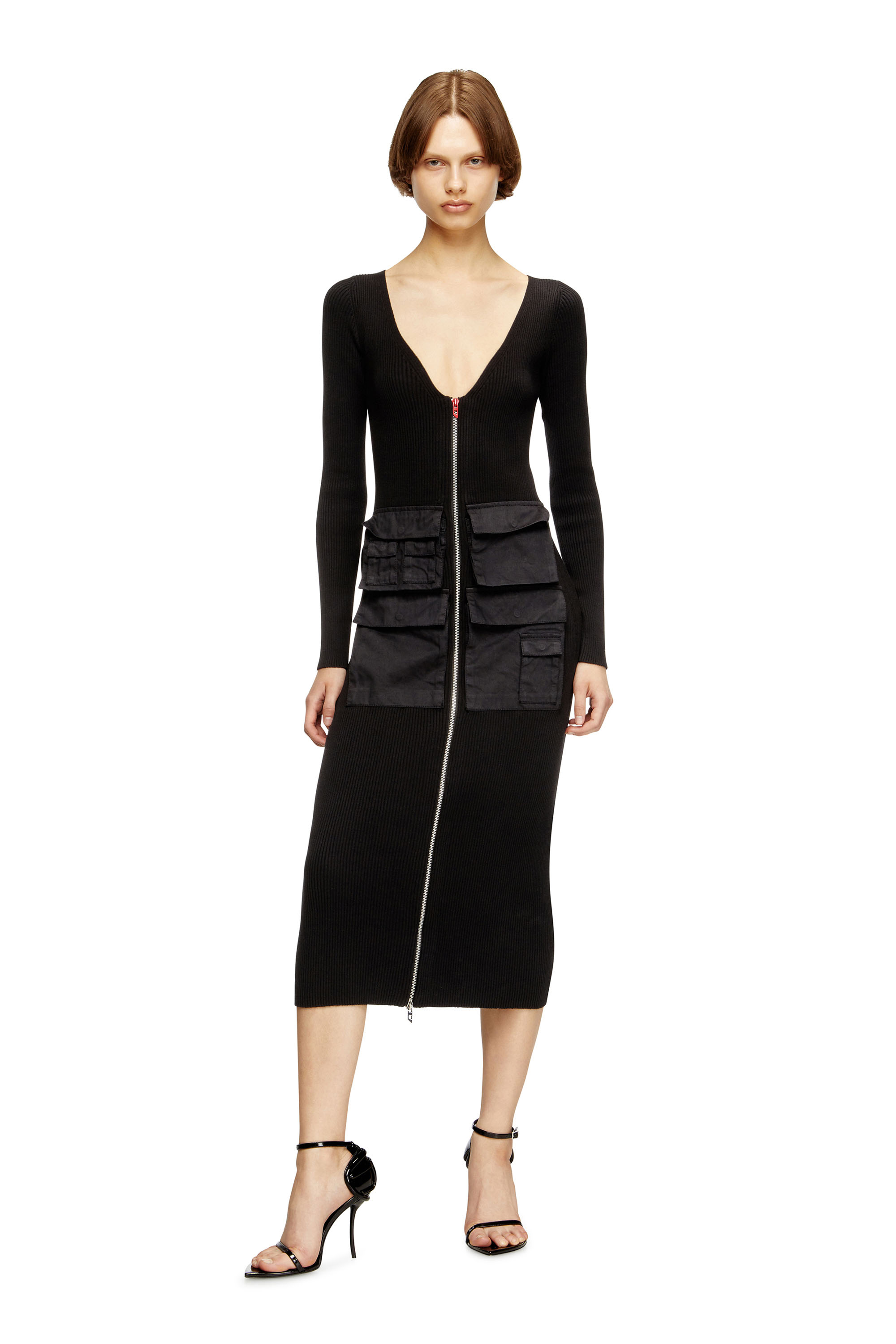 Diesel - M-MELTI-LS, Female's Ribbed midi dress with cargo pockets in null - 2