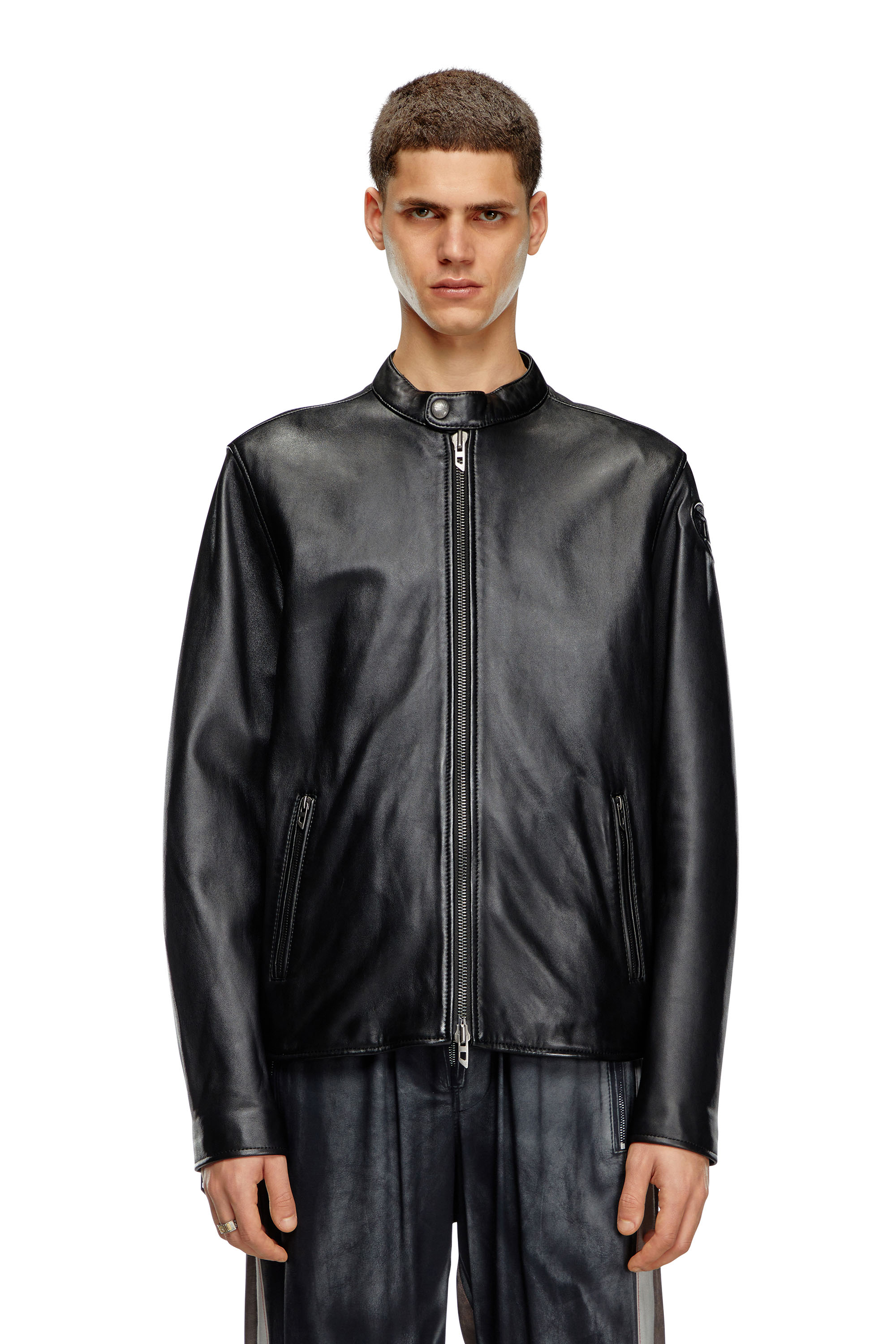 Diesel - L-CARVER, Male's Leather biker jacket with embossed logo in Black - 1