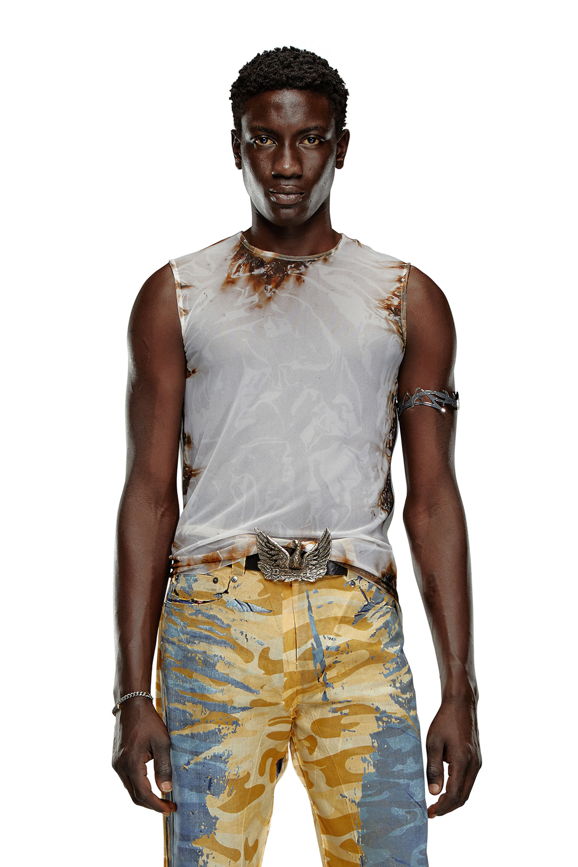 Diesel - T-BISCO-BURN-ART, Male Tulle top with burning plastic print in Multicolor - Image 1